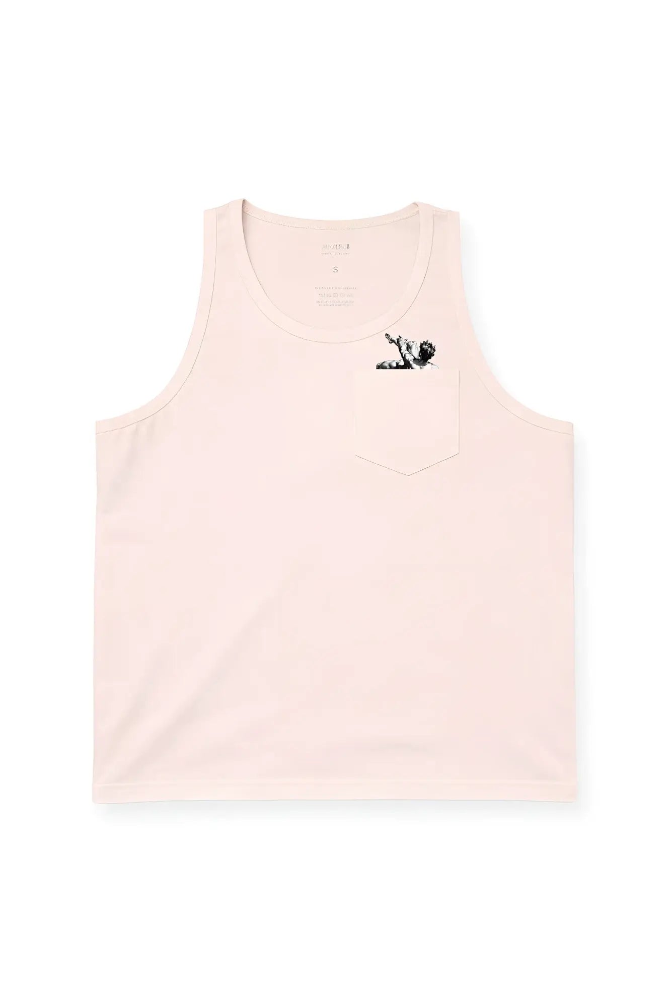 Jj pocket tank top falling angel in soft blush pink with subtle black and white graphic on chest pocket
