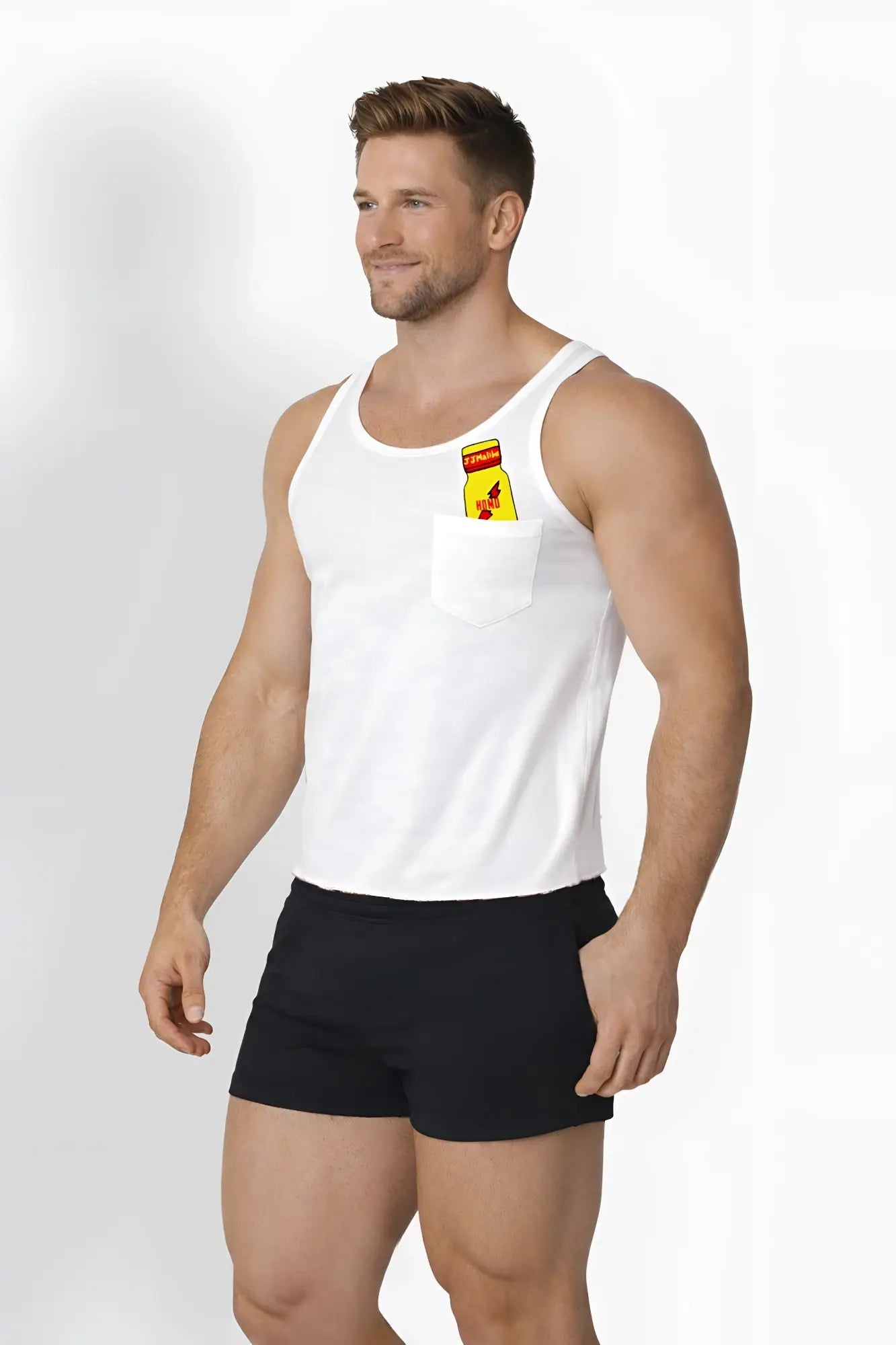White tank top with front pocket featuring a yellow and red pickle jar graphic from jj pocket tank top homo energy collection