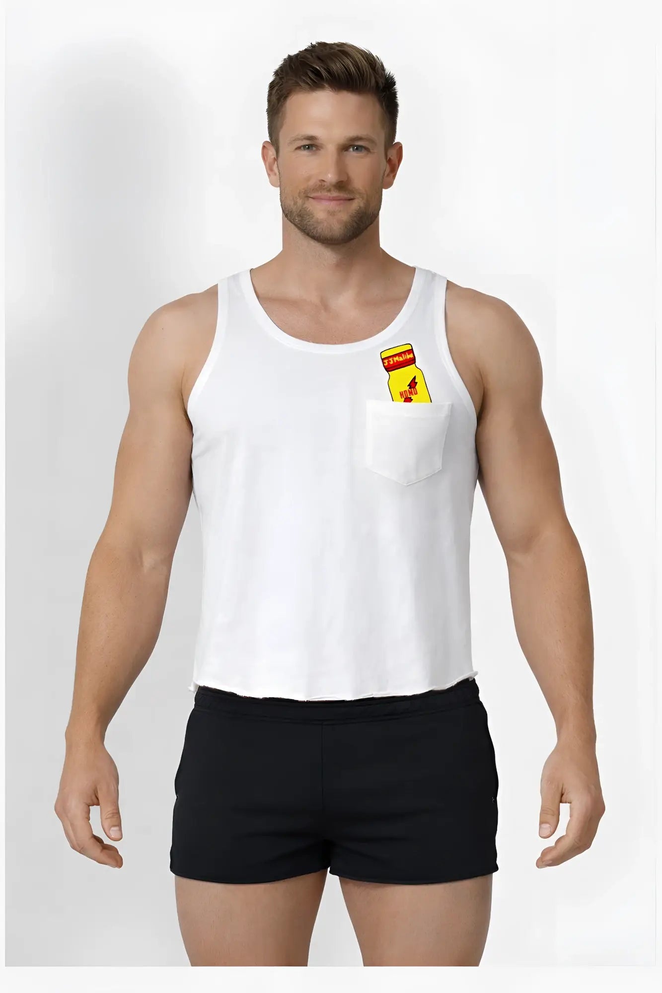 White jj pocket tank top with a front pocket featuring a yellow and red hot sauce bottle graphic for casual wear