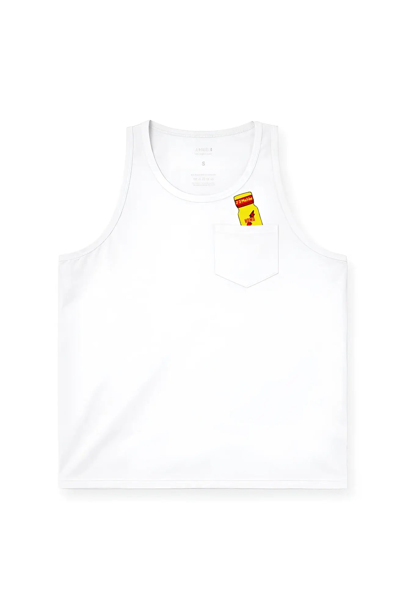 White jj pocket tank top with small front pocket and yellow red cartoon bottle graphic for casual wear