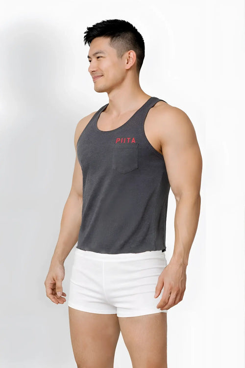 Dark gray sleeveless jj pocket tank top with small front pocket and red phila lettering for casual wear