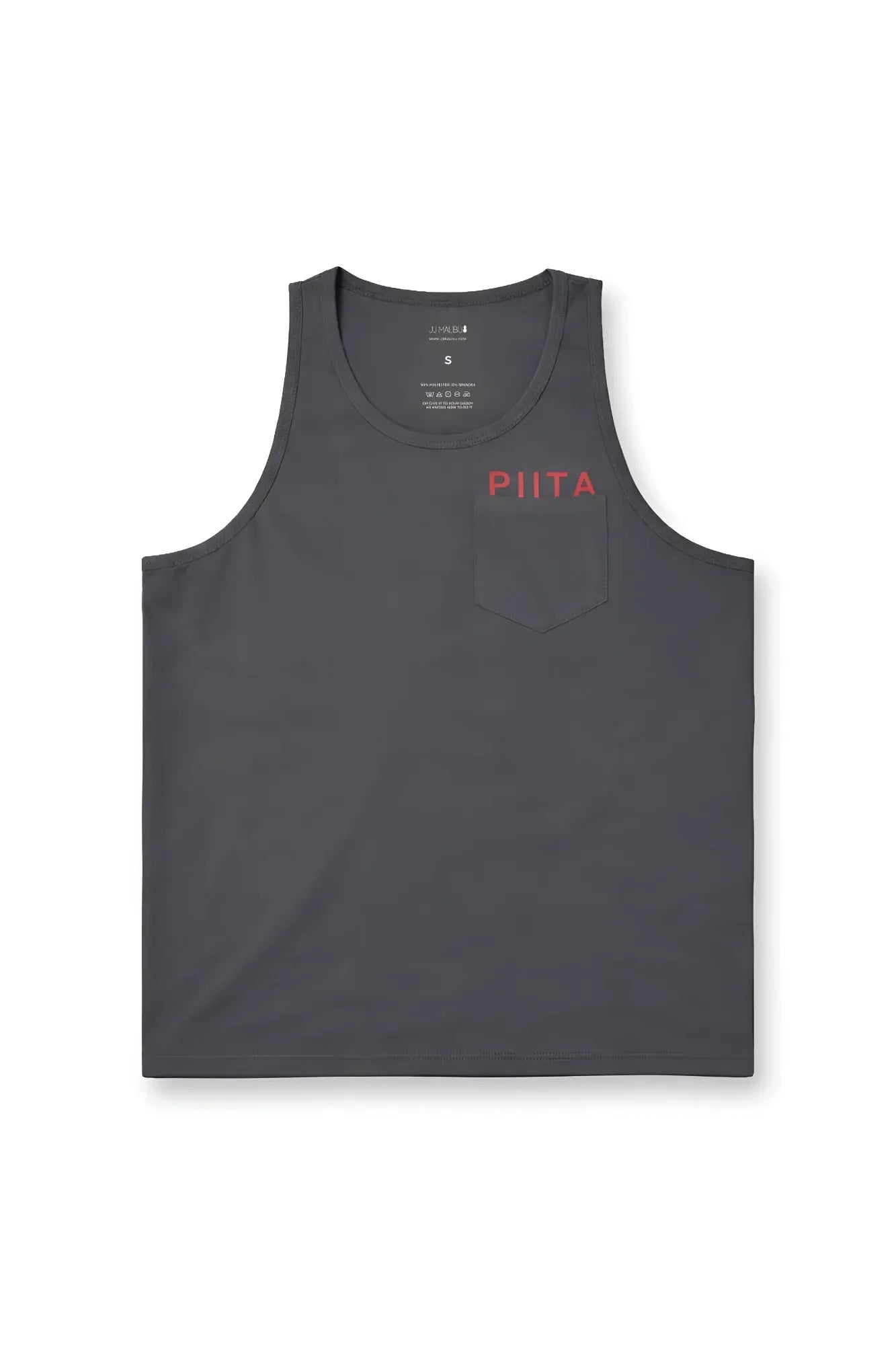 Dark gray sleeveless jj pocket tank top with small chest pocket and red pii ta print on upper left side
