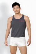 Dark gray sleeveless cotton jj pocket tank top with small red pii ta logo on the chest for casual wear