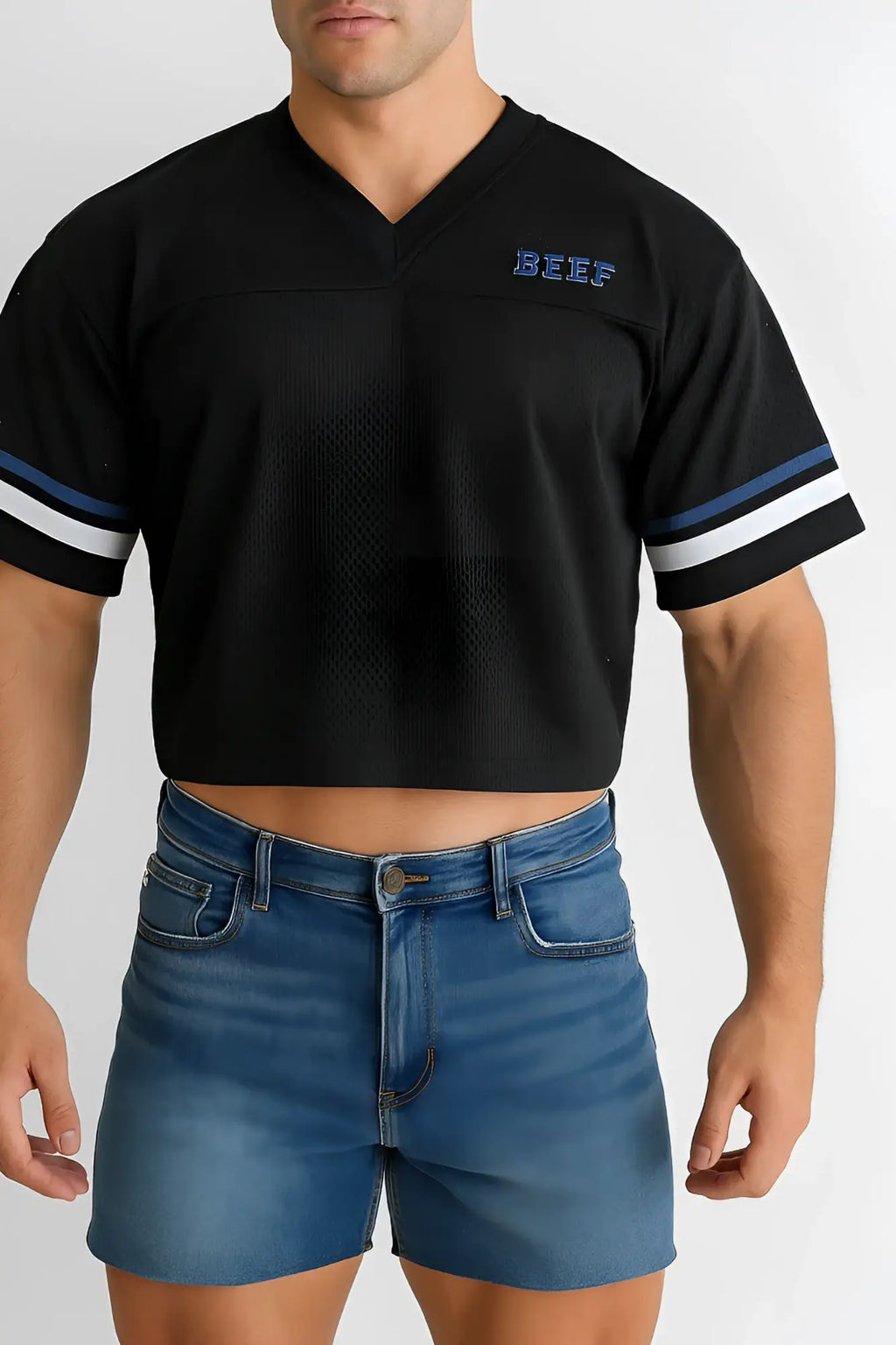 Black cropped v-neck football jersey with blue and white striped sleeves and reef embroidered on the chest