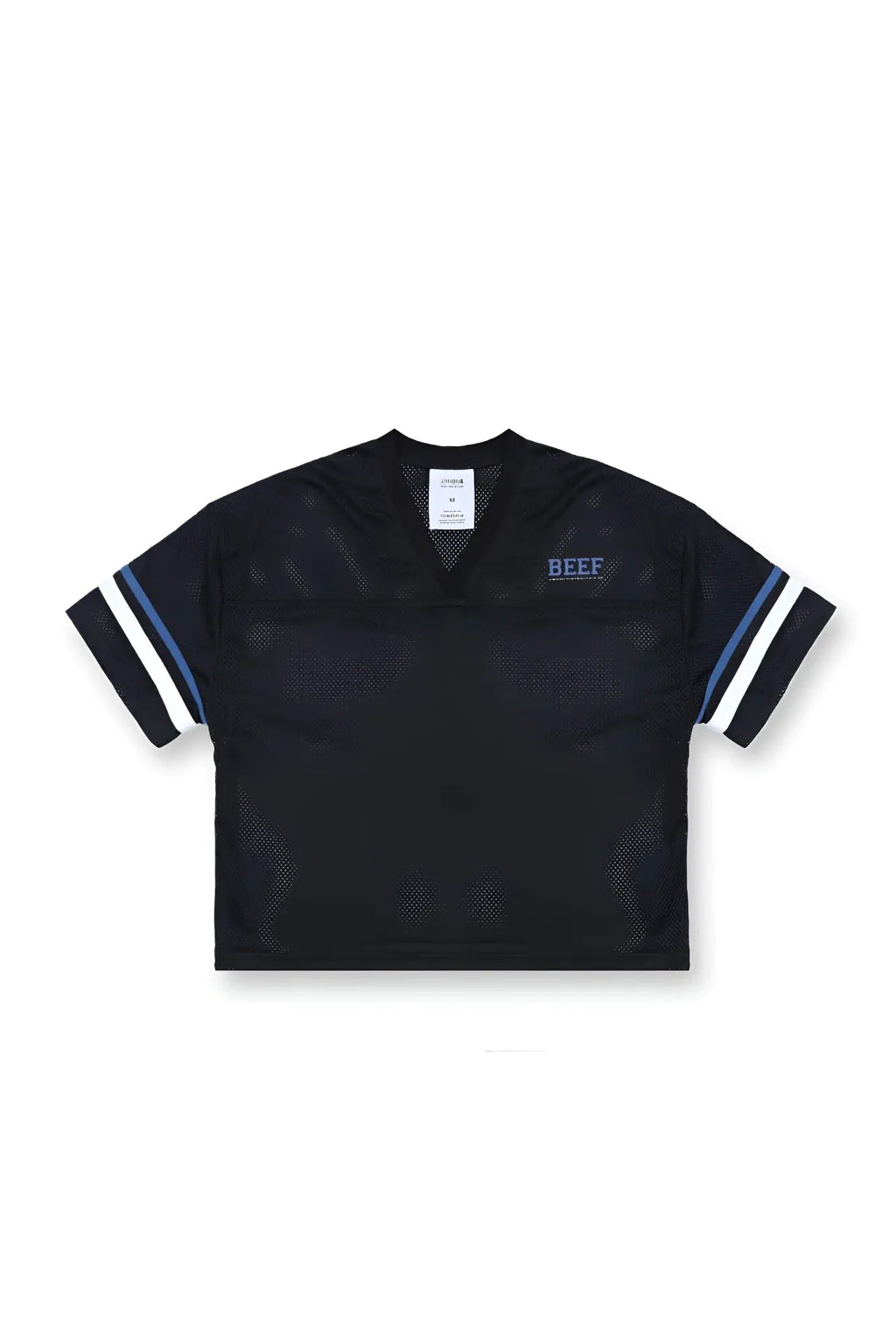 Jj varsity v-neck jersey black mesh cropped football jersey with white and blue striped sleeves and beef logo on chest