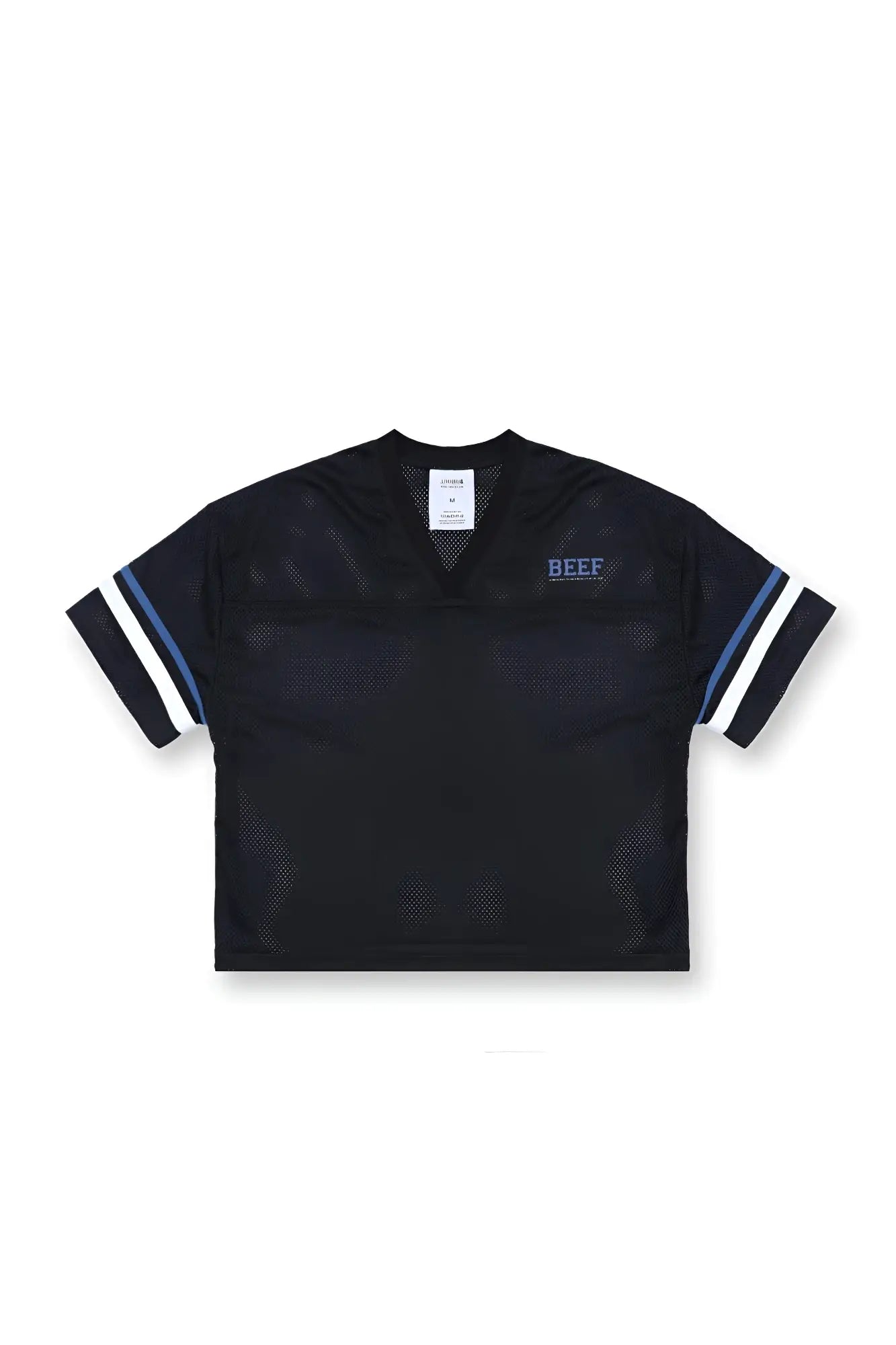 Jj varsity v-neck jersey black mesh cropped football jersey with white and blue striped sleeves and beef logo on chest