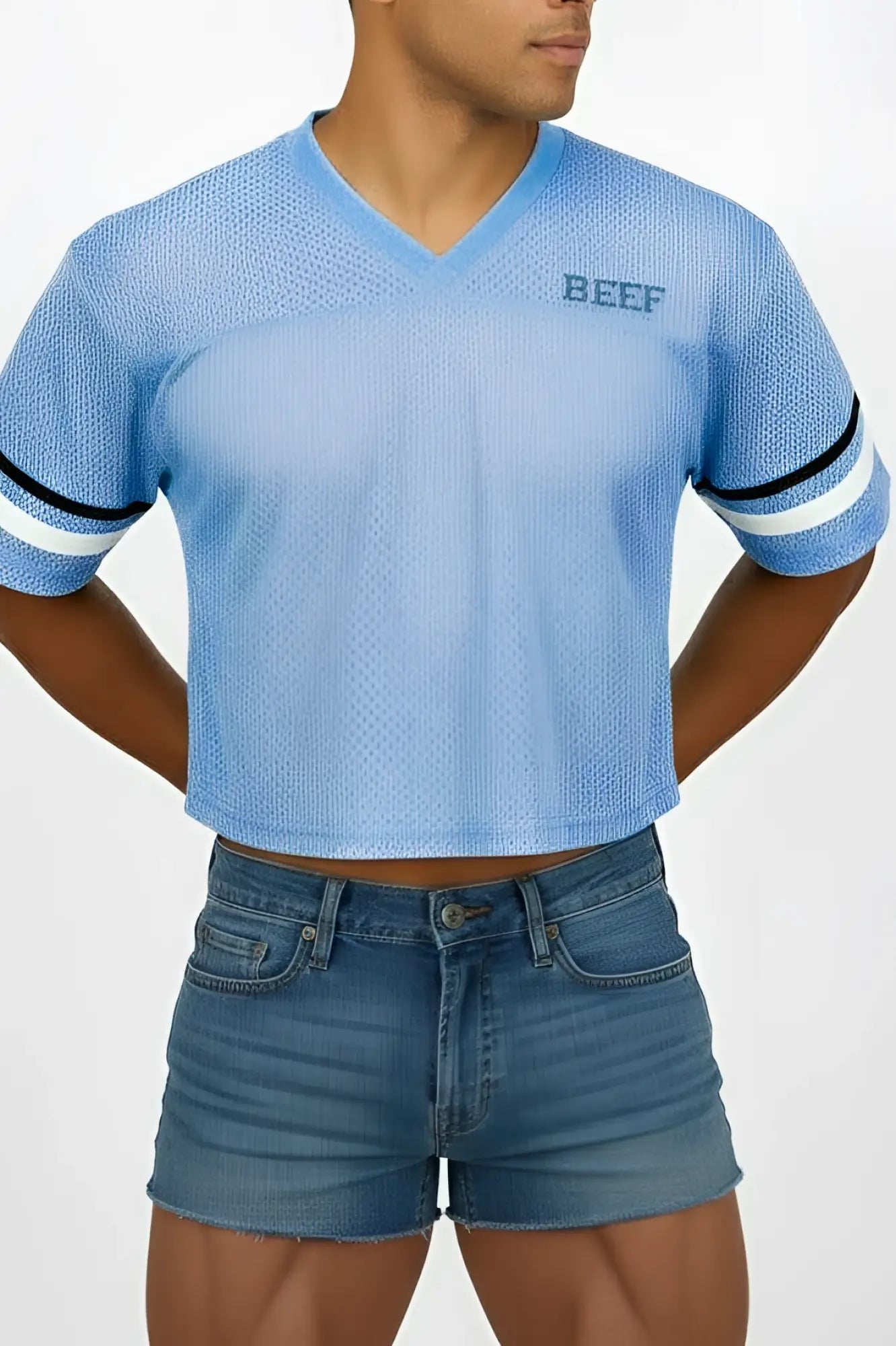 Light blue mesh v-neck crop top with black and white striped sleeves and beef embroidery on the chest