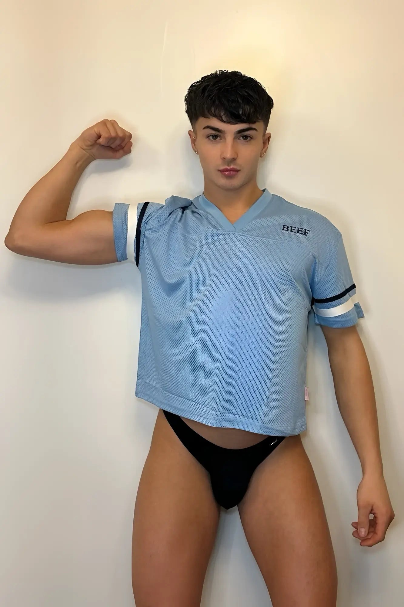 Jj varsity v-neck jersey sky blue light blue mesh with black and white striped sleeves and beef embroidered on chest
