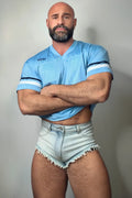 Light blue mesh JJ varsity v-neck football jersey with white and navy stripes on the sleeves