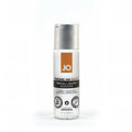 Clear glass bottle of jo premium anal original silicone lubricant with silver pump cap and orange jo logo label