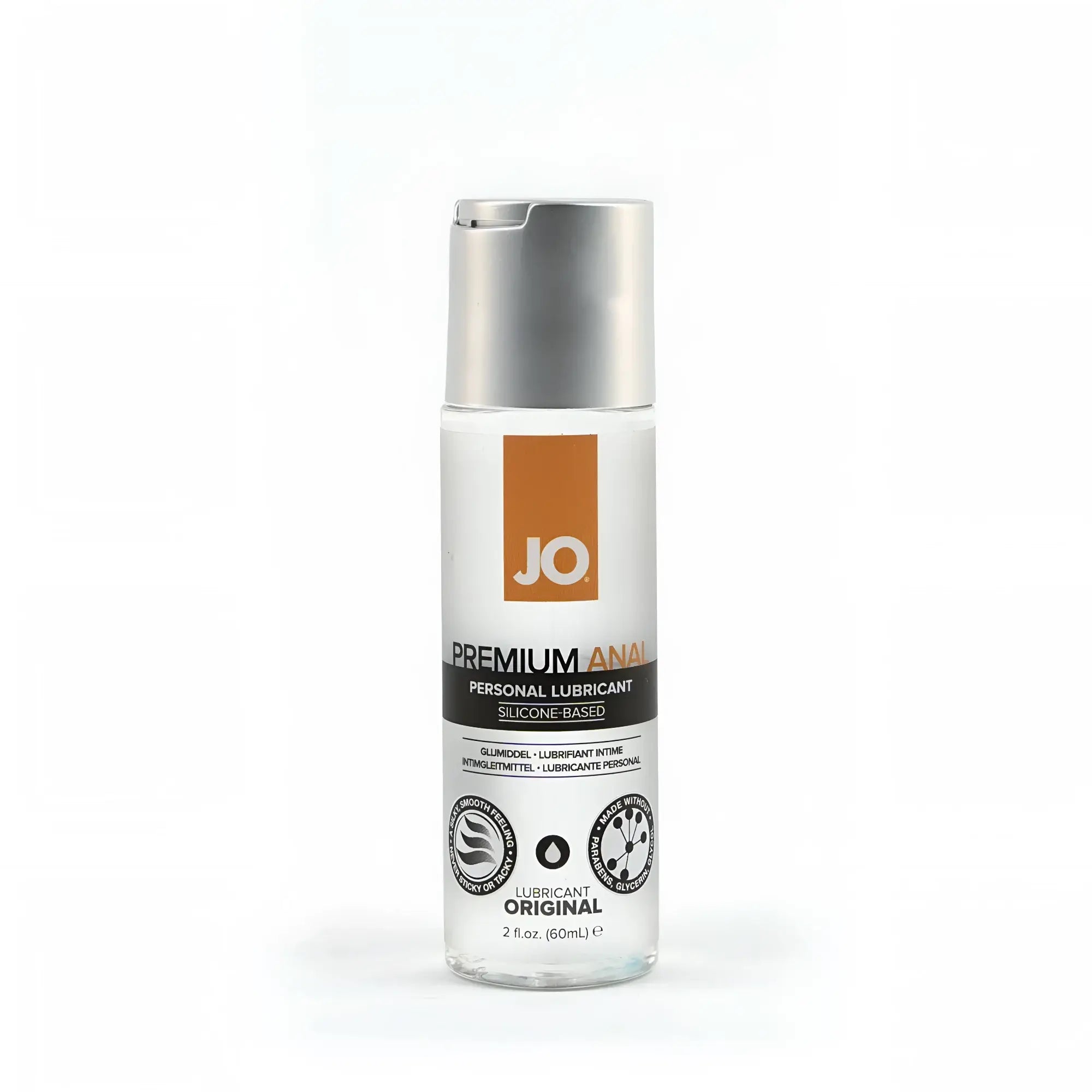 Clear glass bottle of jo premium anal original silicone lubricant with silver pump cap and orange jo logo label