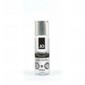 Clear glass bottle with silver cap and black label of jo premium original silicone-based personal lubricant