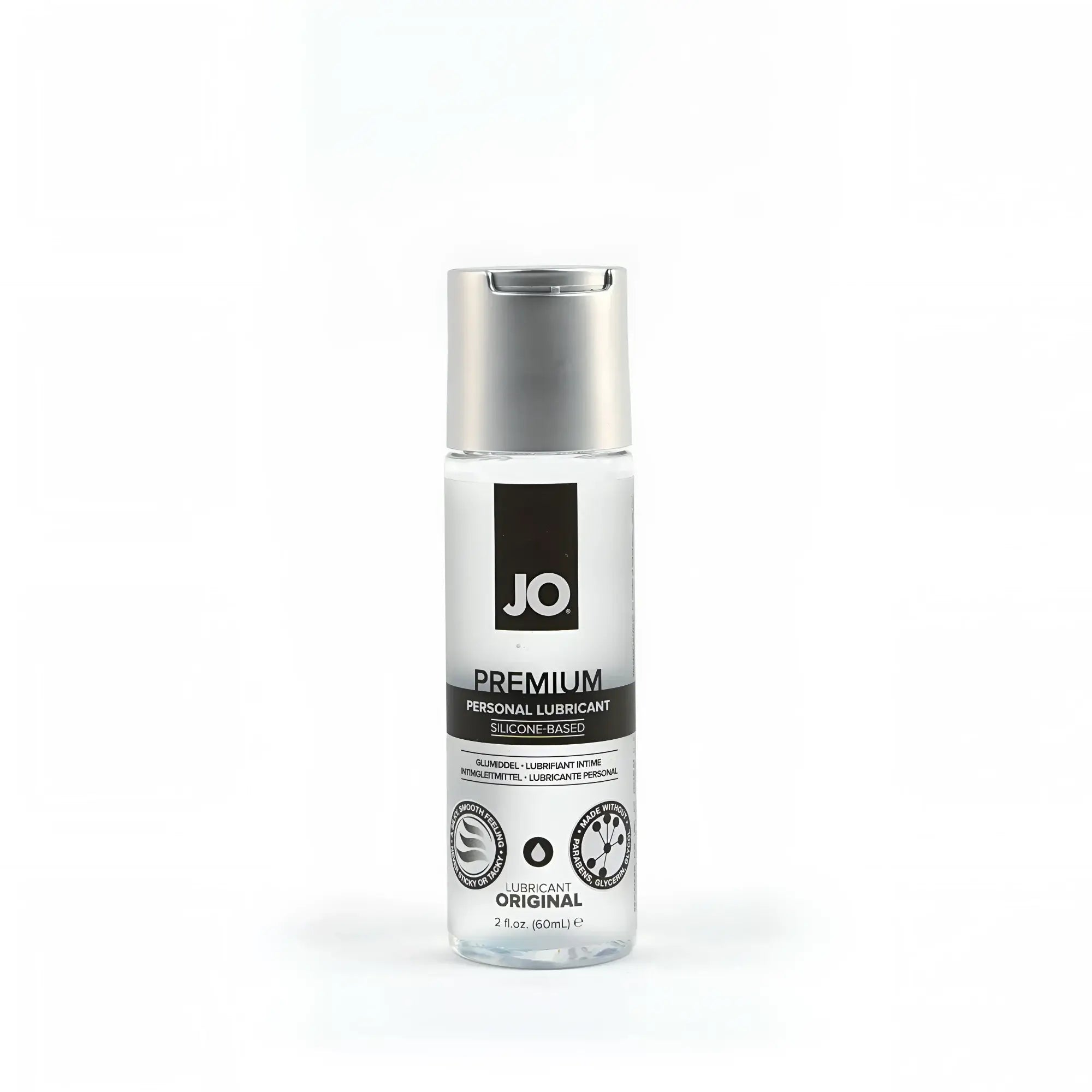 Clear glass bottle with silver cap and black label of jo premium original silicone-based personal lubricant