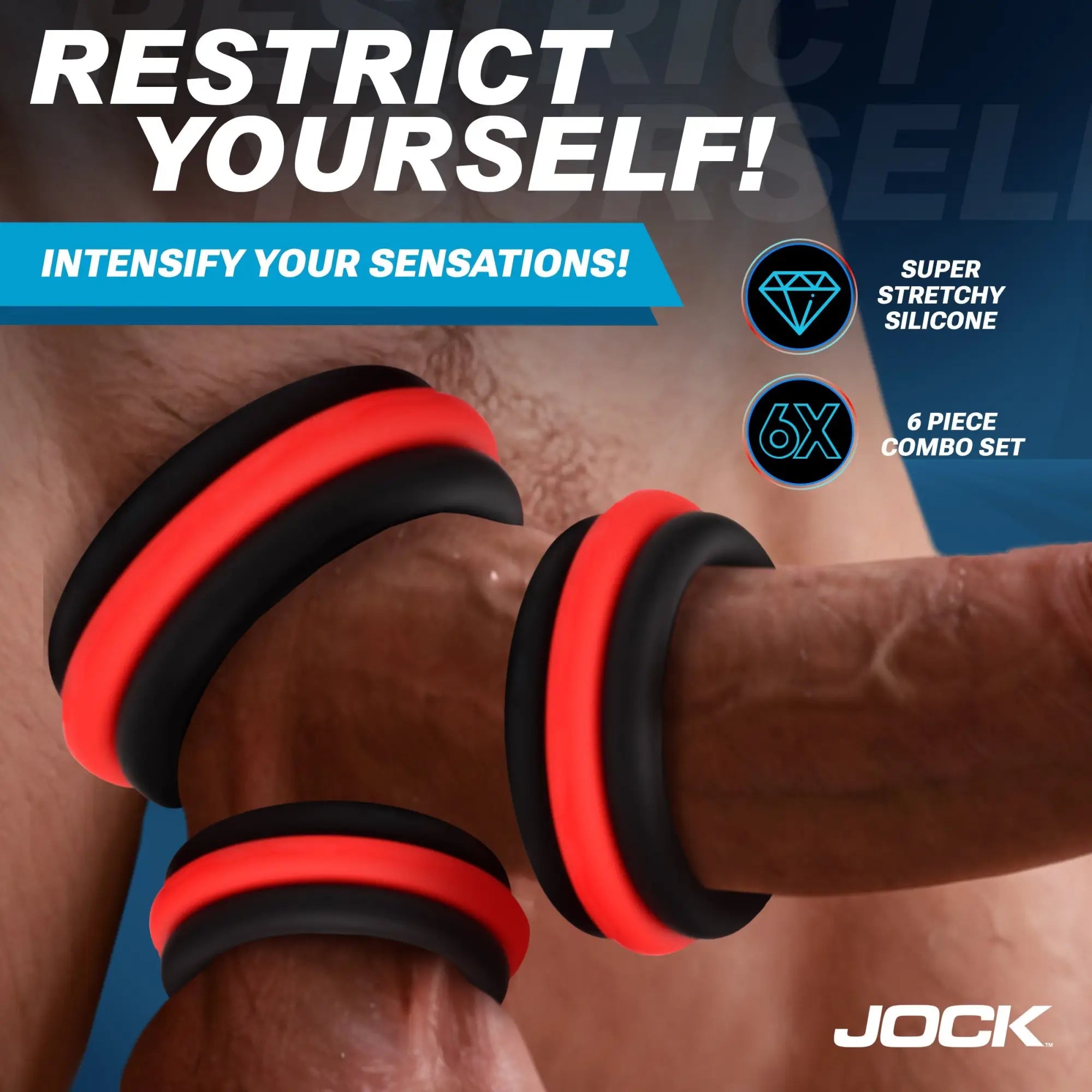 Jock 3pc Enhancers: Stretchy silicone cock rings in black and red, shown in use on a man's body.