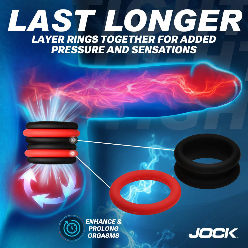 Jock 3pc Enhancers silicone cock ring set featuring black and red stackable rings to enhance and prolong sensations.