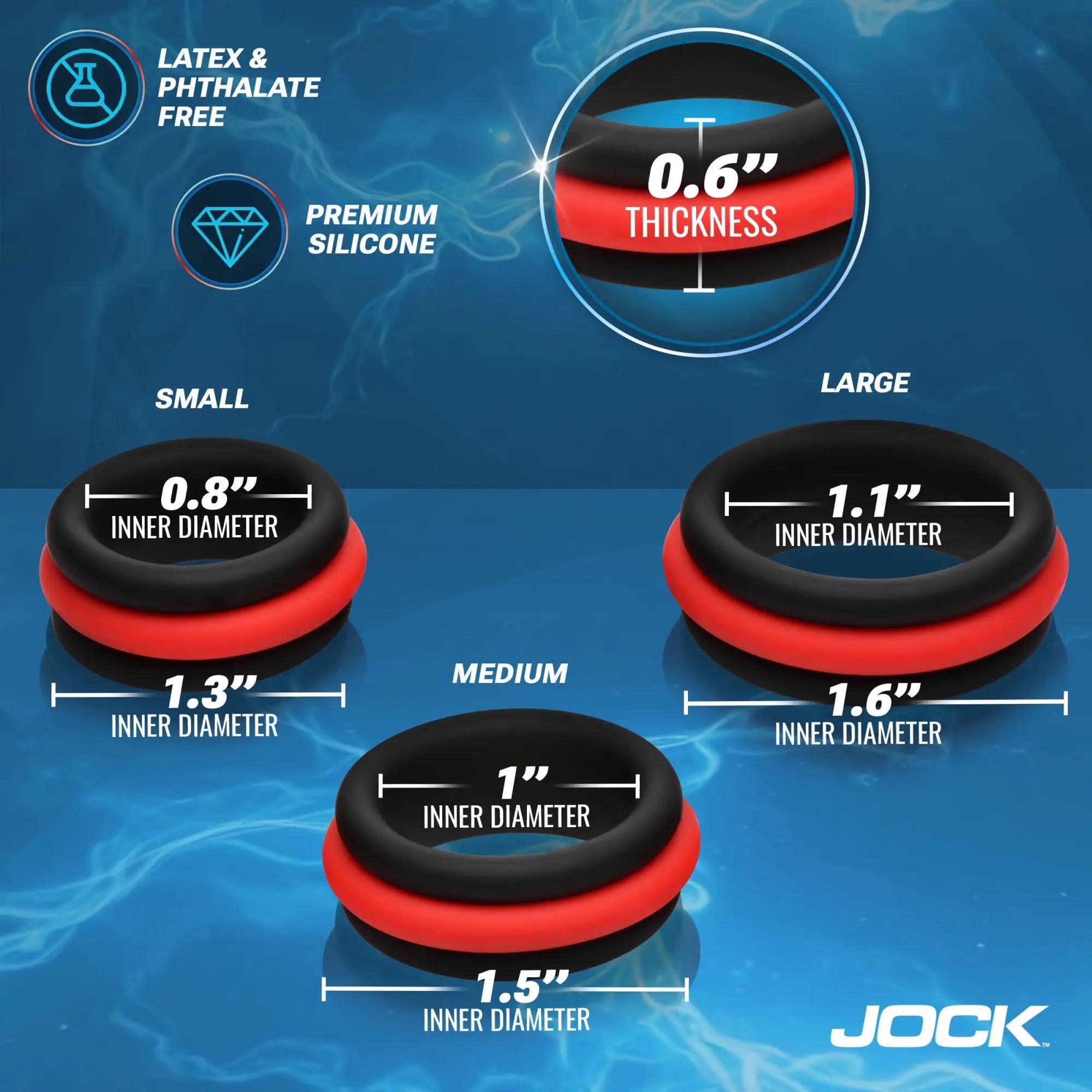 Jock 3pc silicone cock ring set: Three red and black 2-in-1 rings in small, medium, and large sizes with measurements.