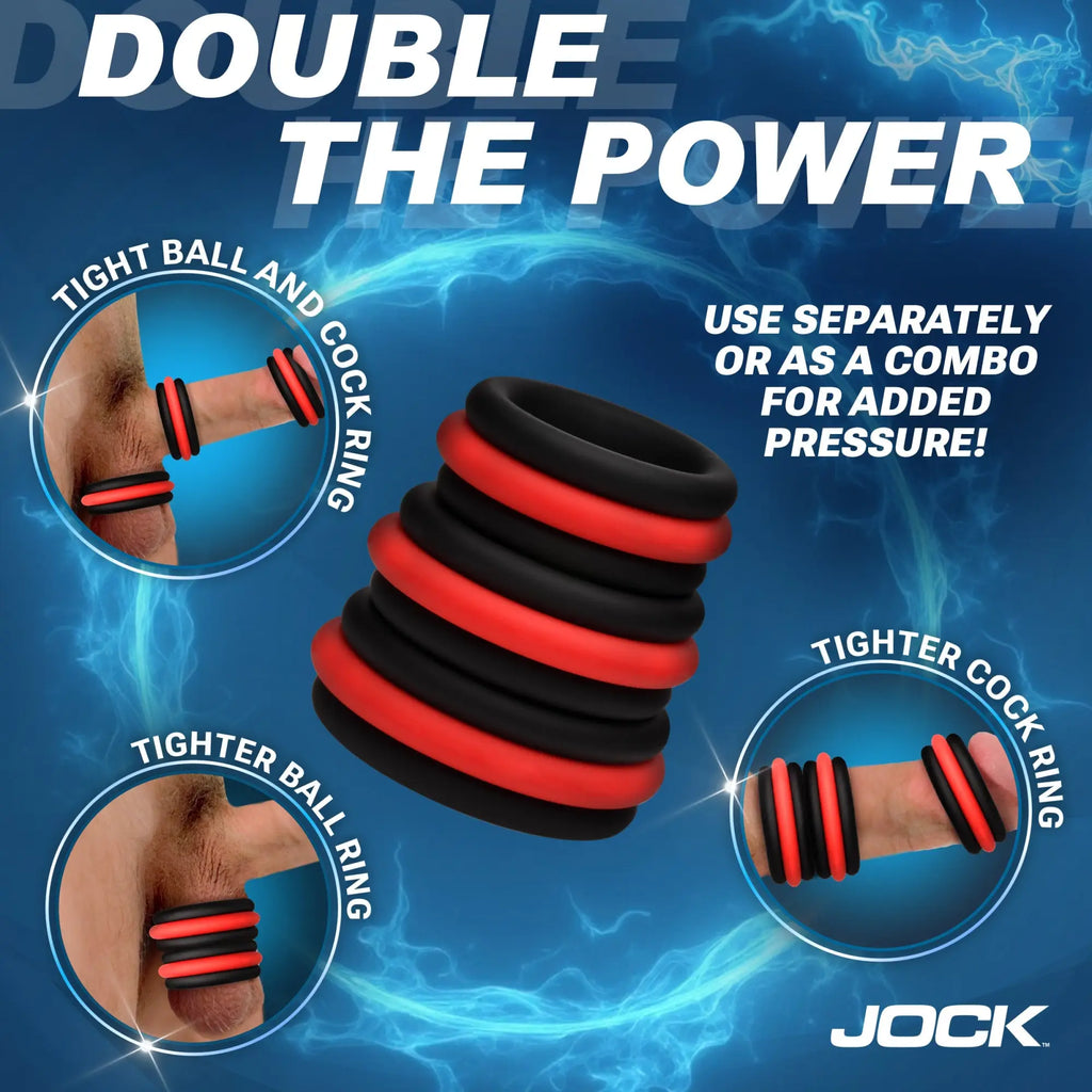 Jock 3pc Enhancers silicone cock ring set in black and red, shown stacked and in use as individual and combo rings.