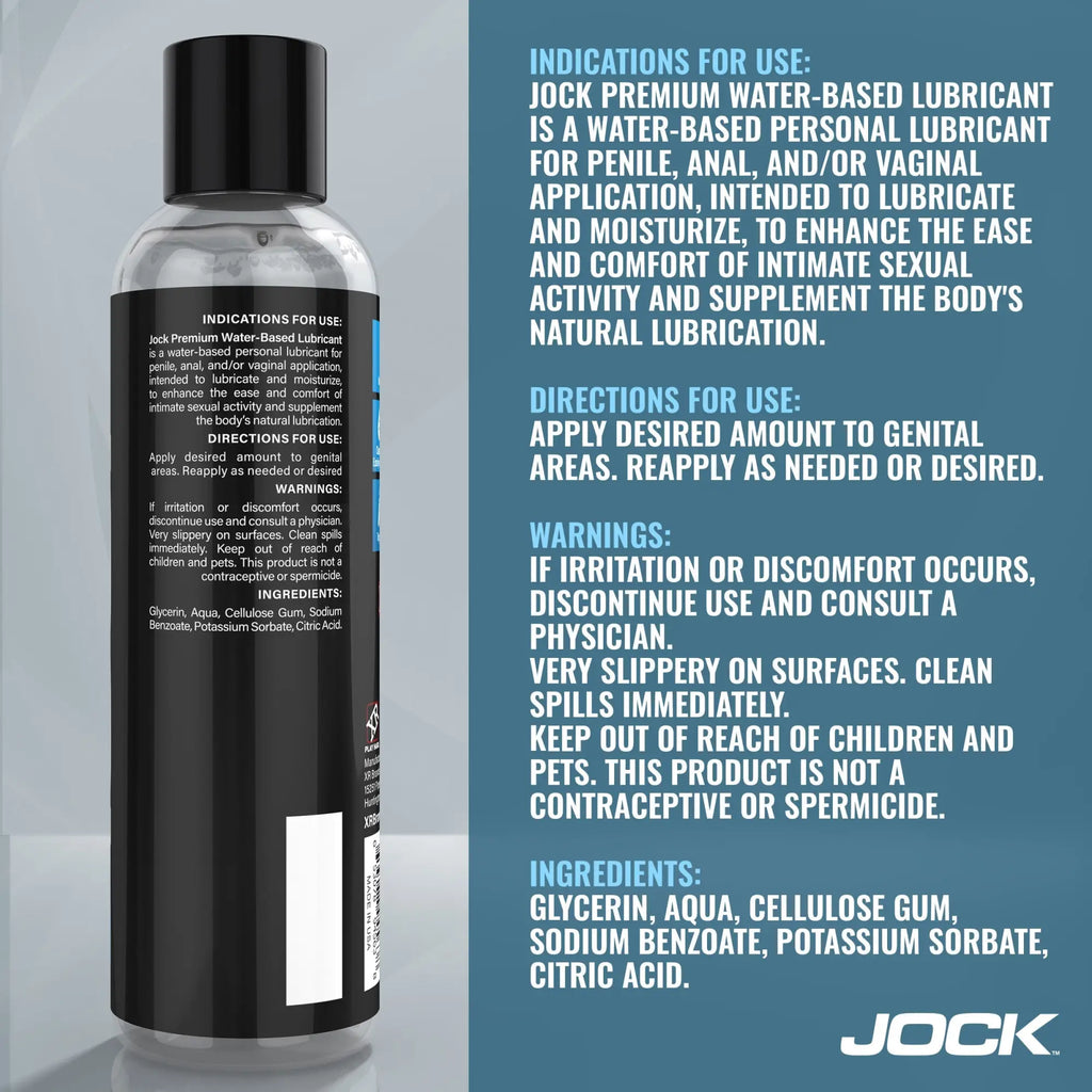 8oz JOCK Premium water-based lubricant bottle with a black label featuring white text, standing beside usage info.