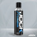 8oz clear bottle of JOCK Premium water-based lubricant with a black label, white branding, and blue accents.