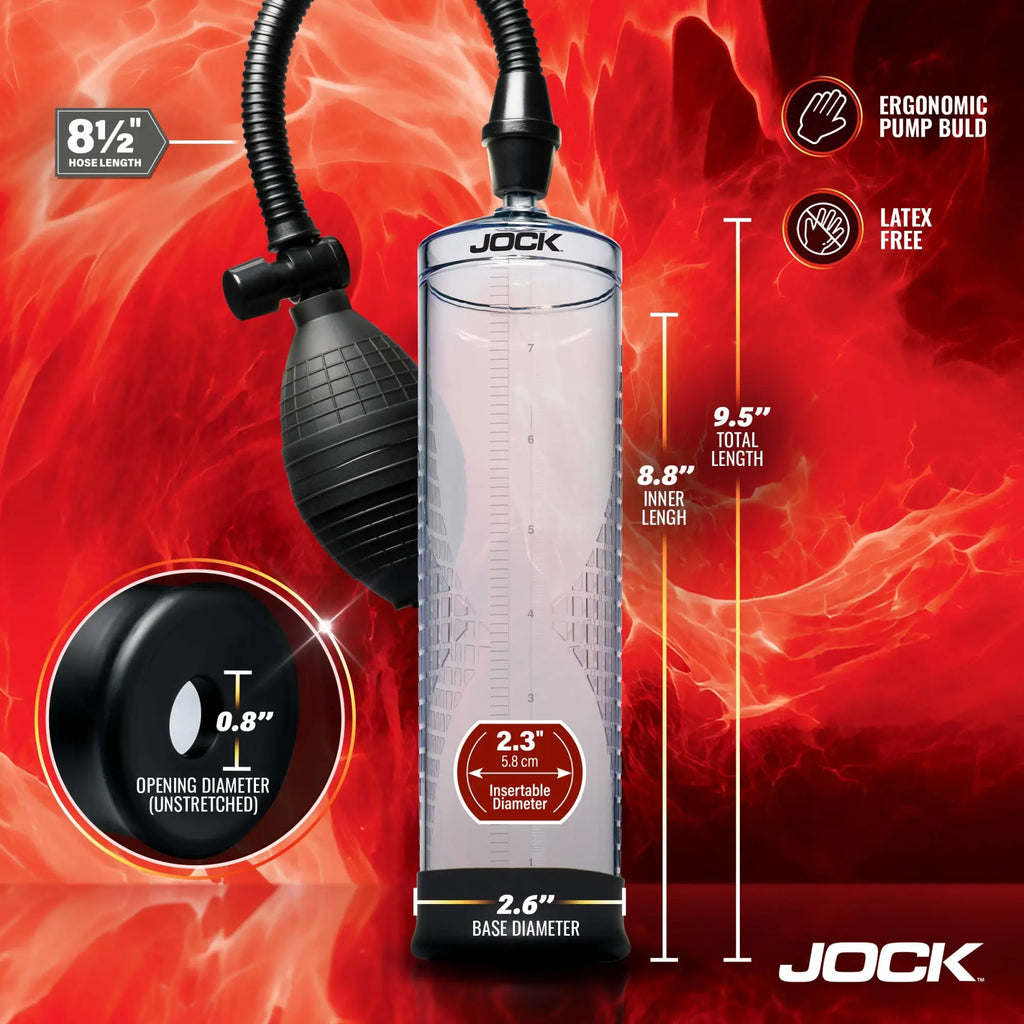 Jock Amp Up penis pump with clear cylinder, black bulb, and hose, shown against a red background with dimension specs.