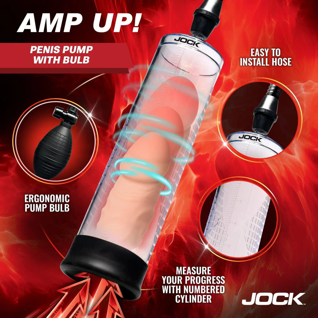 Jock Amp Up Penis Pump featuring a clear, numbered cylinder, black pump bulb, and hose on a red fiery background.