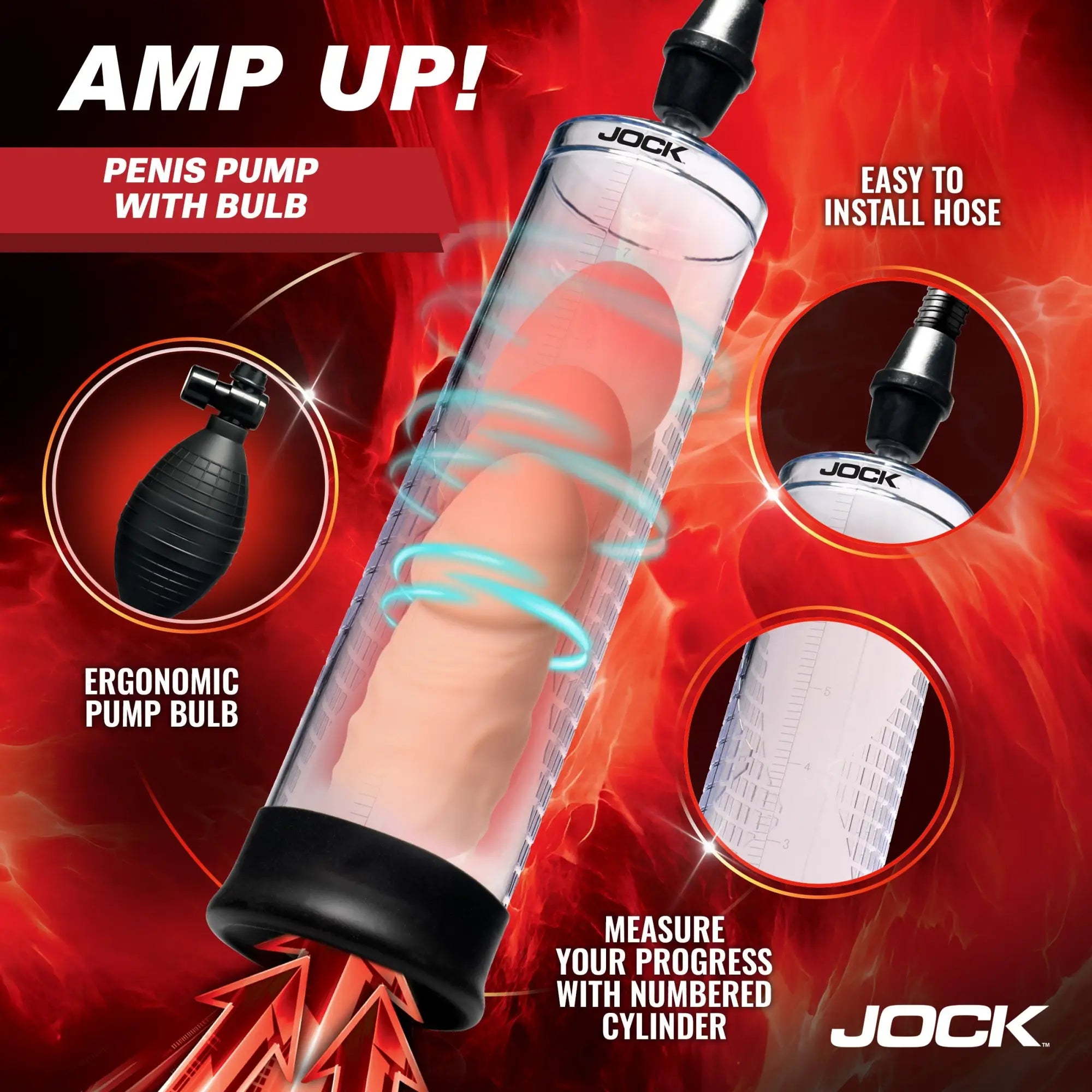 Jock Amp Up Penis Pump featuring a clear, numbered cylinder, black pump bulb, and hose on a red fiery background.