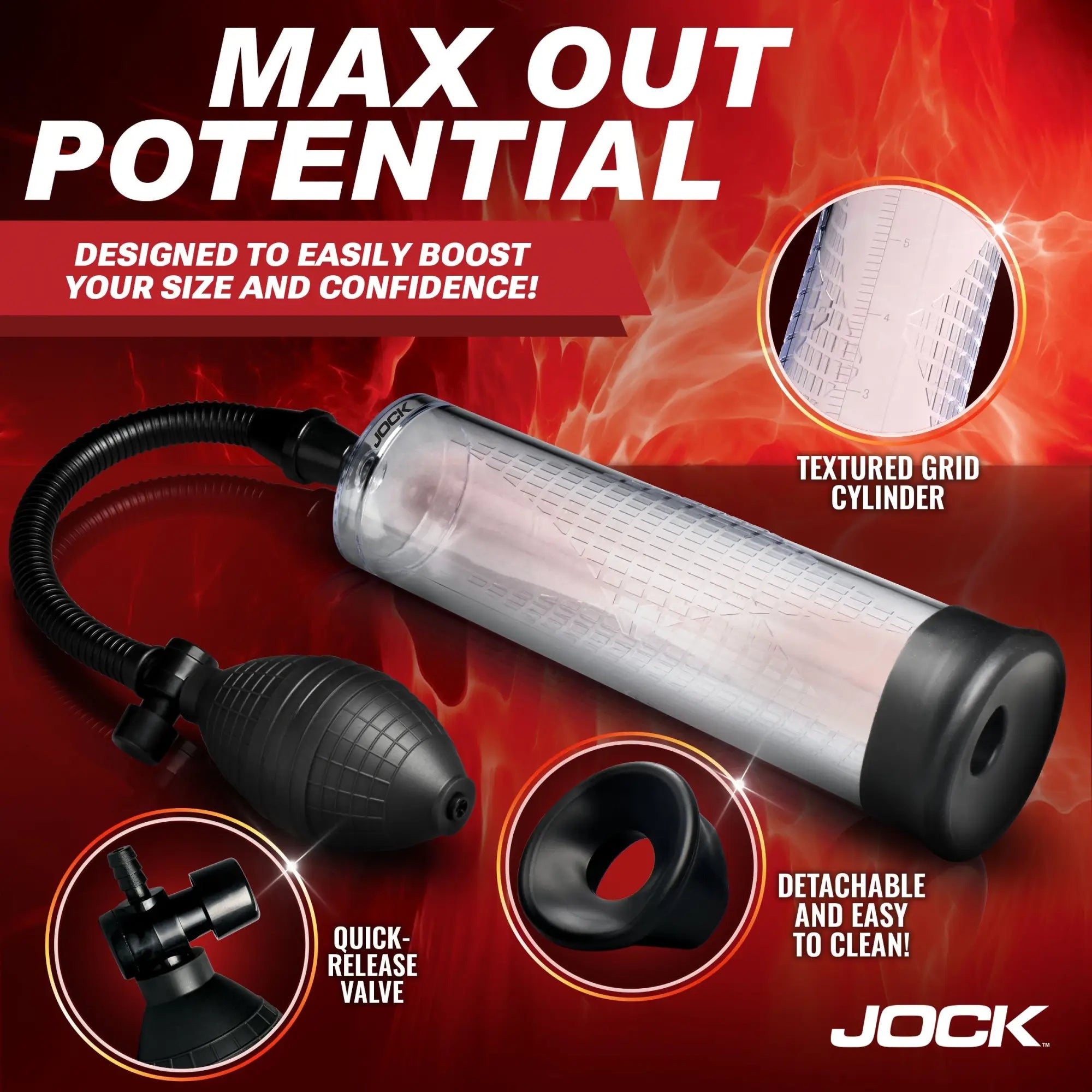 Jock Amp Up penis pump with clear, textured grid cylinder, black pump bulb, quick-release valve, and removable base.