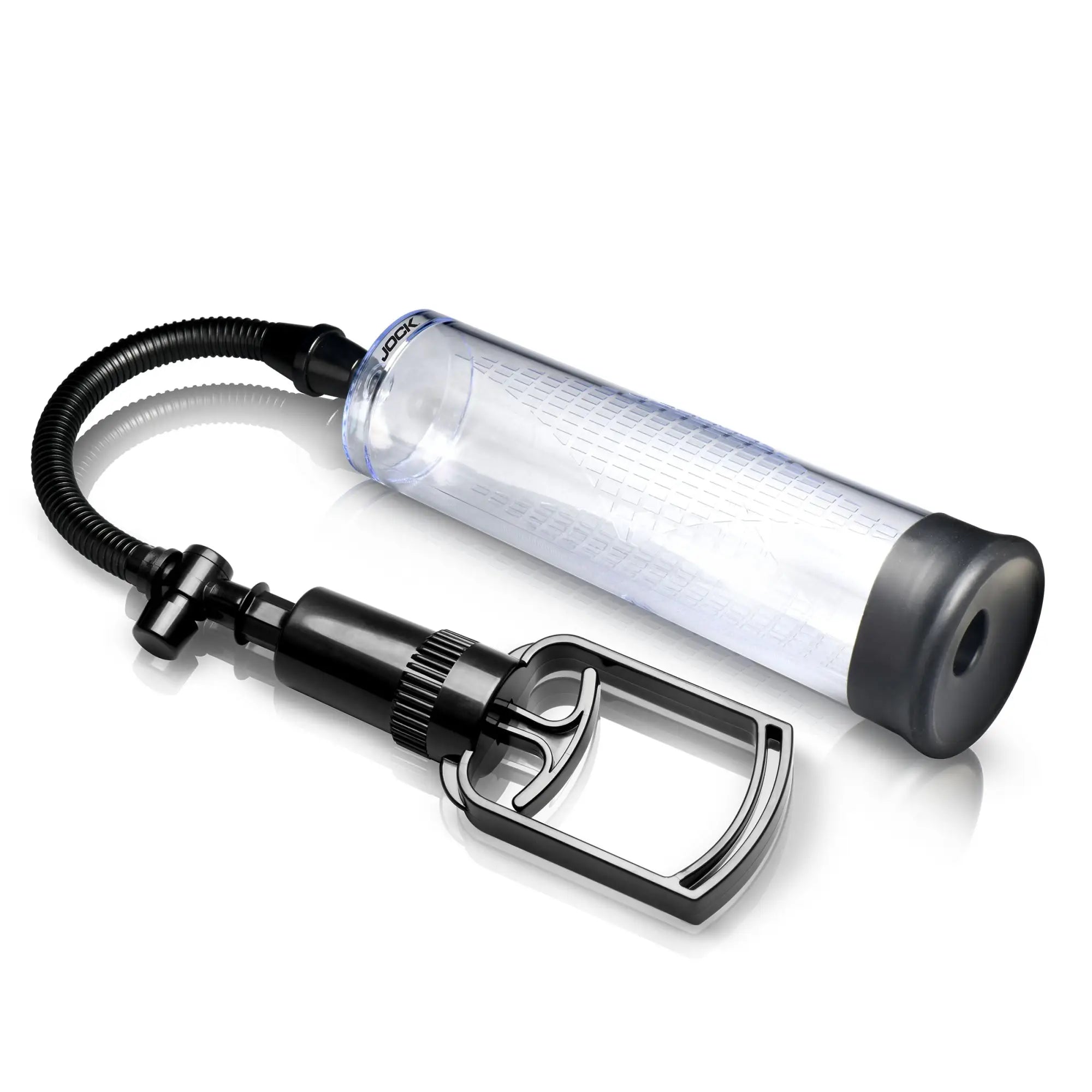 Jock Amp Up penis pump with clear graduated cylinder, black silicone base, and a black manual trigger-style handle.