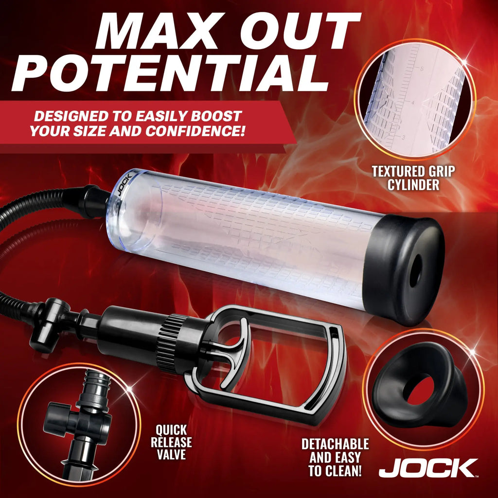 Jock Amp Up penis pump features a clear, textured cylinder, black pull-handle pump, and quick-release valve.