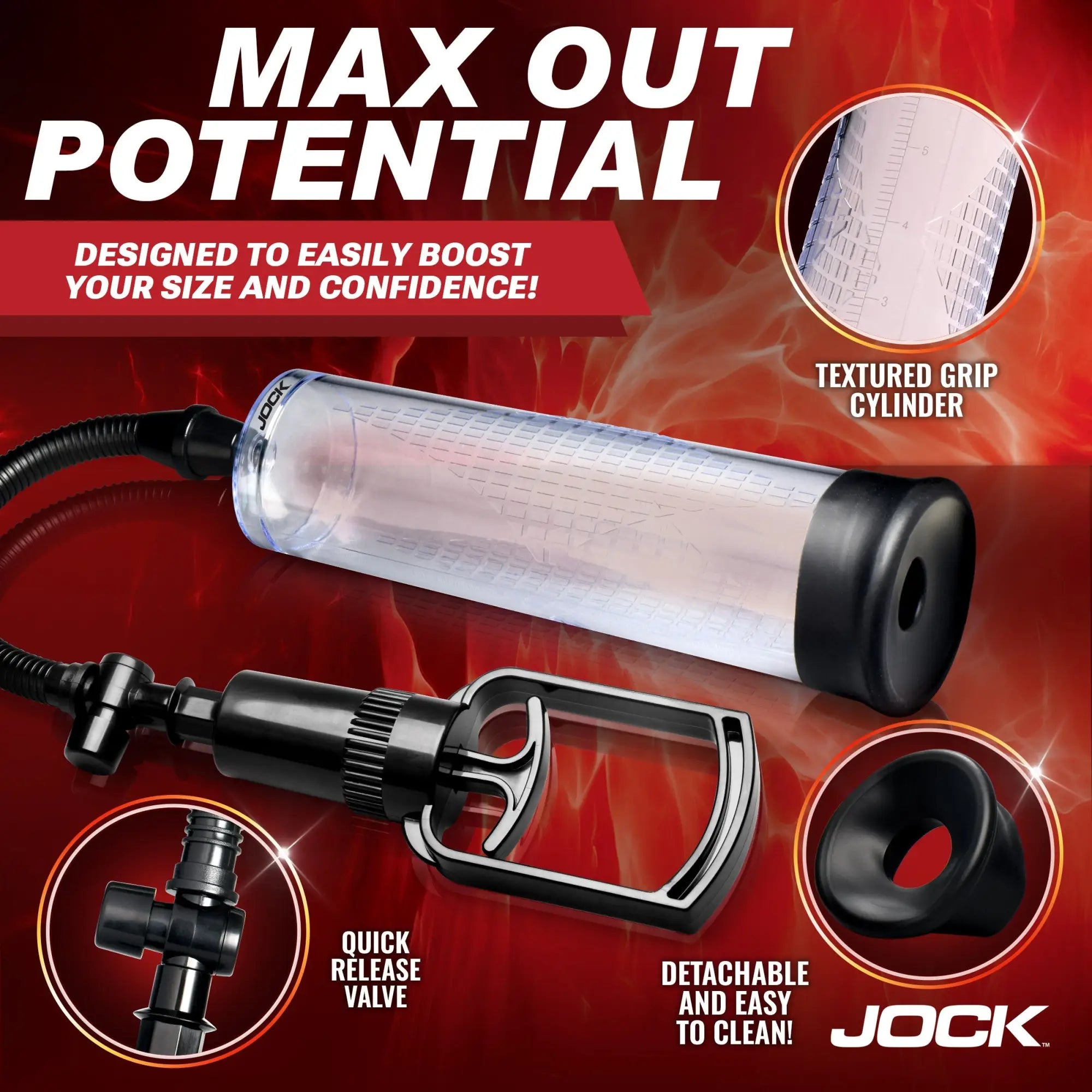 Jock Amp Up penis pump features a clear, textured cylinder, black pull-handle pump, and quick-release valve.