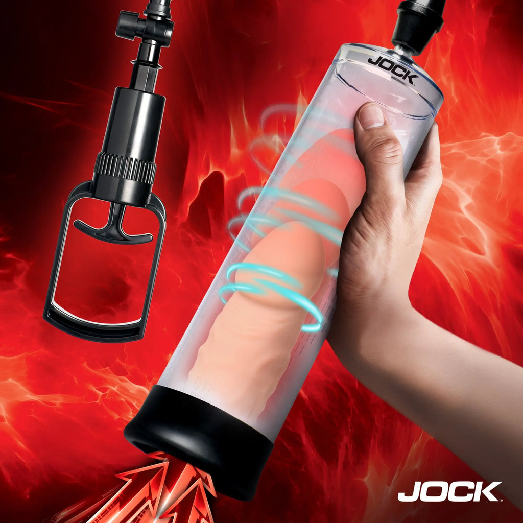 Jock Amp Up Penis Pump with black pull handle, clear cylinder, and stylized red background.
