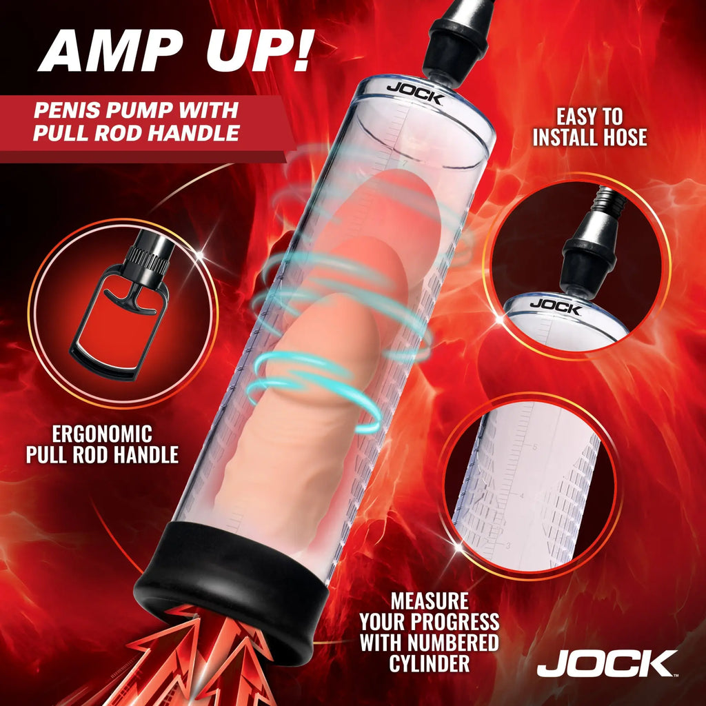 Jock Amp Up penis pump features a clear, numbered cylinder and black ergonomic pull-rod handle on a red background.