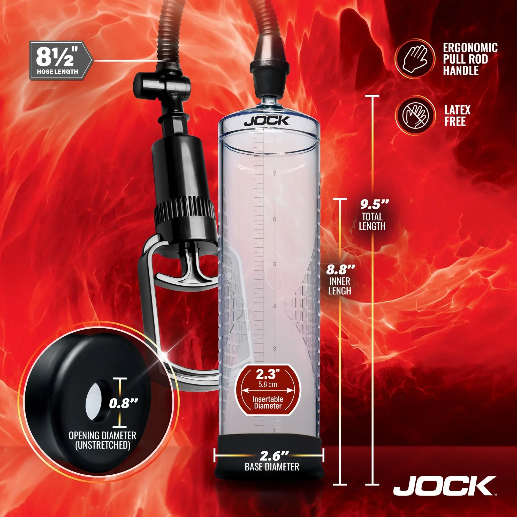 Jock Amp Up penis pump features a clear cylinder, black pull-handle mechanism, and measurements on a red fire background.