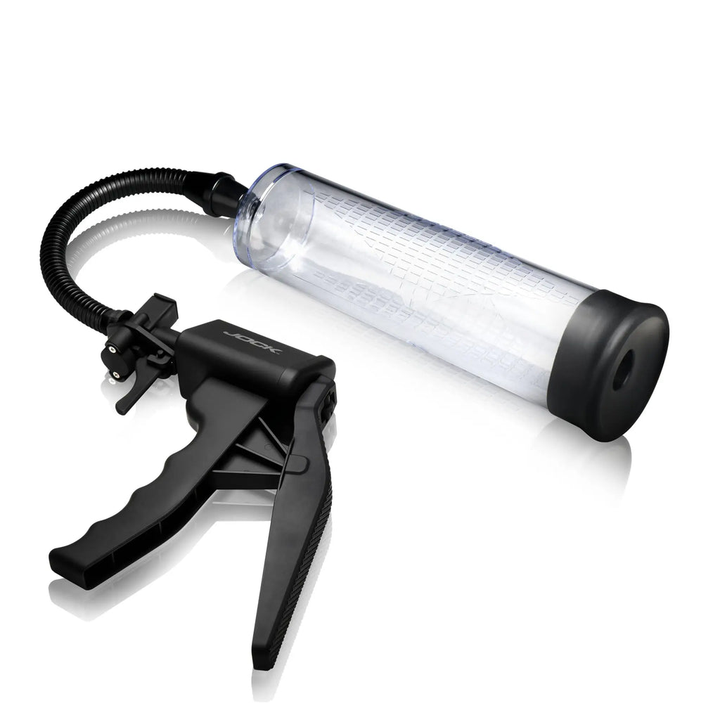 Jock Amp Up penis pump features a clear cylinder with measurement markings, black rubber base, and trigger pump handle.