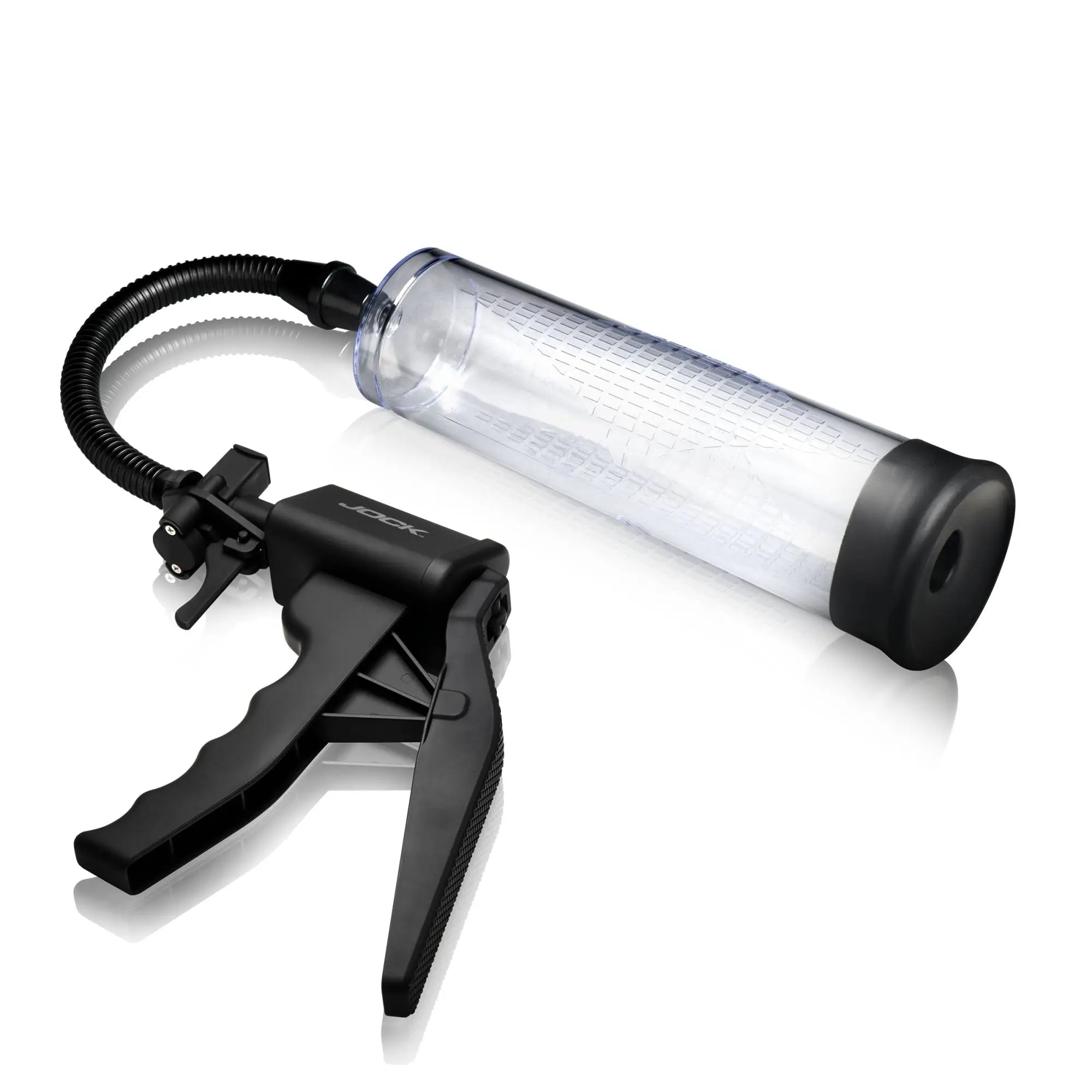 Jock Amp Up penis pump features a clear cylinder with measurement markings, black rubber base, and trigger pump handle.