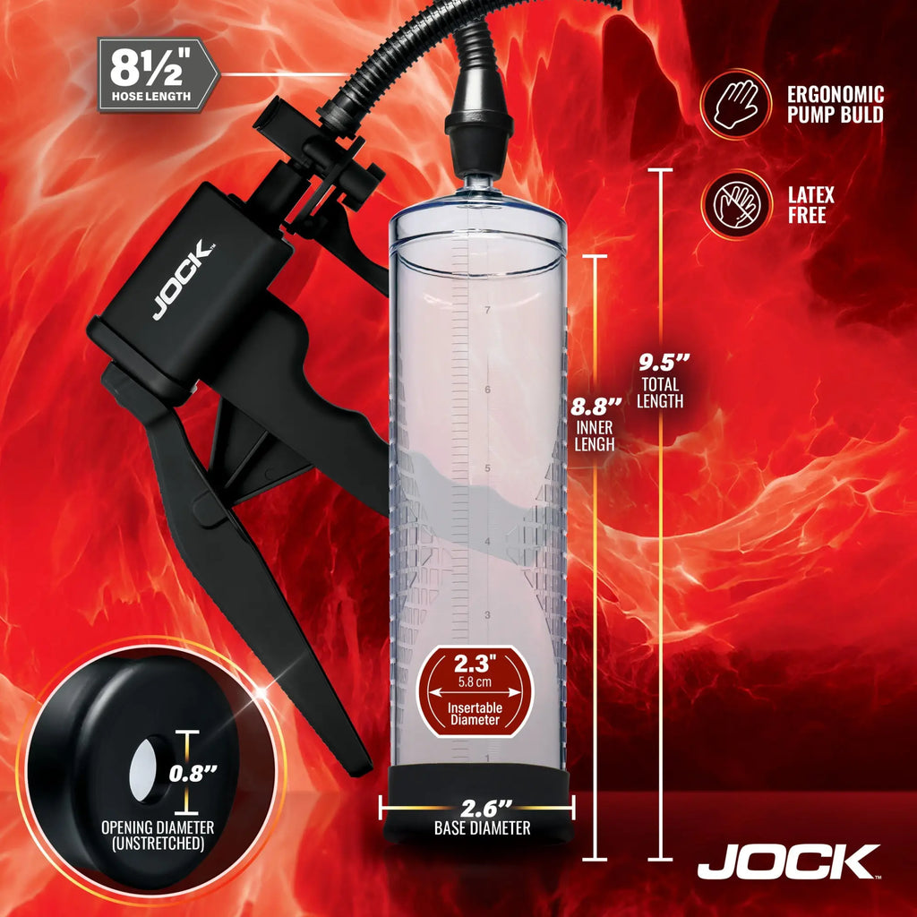 Jock Amp Up penis pump features a clear cylinder with measurement markings, a black trigger handle, and hose details.