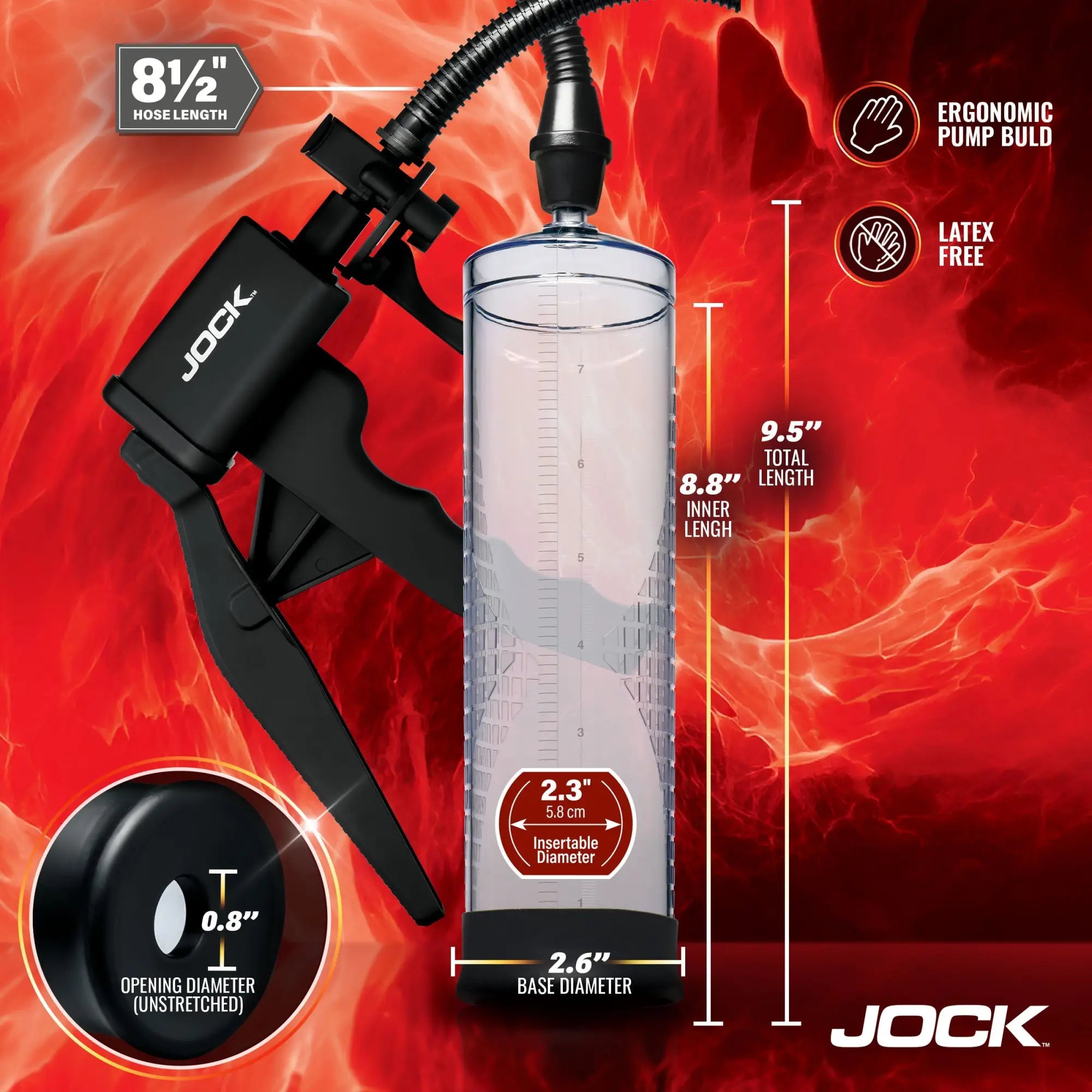 Jock Amp Up penis pump features a clear cylinder with measurement markings, a black trigger handle, and hose details.