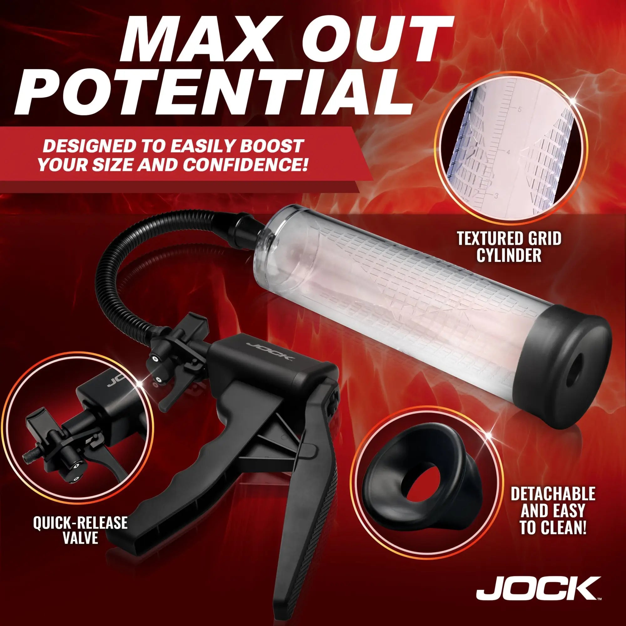 Jock Amp Up penis pump with clear grid cylinder, black trigger handle, quick-release valve, and removable sleeve.