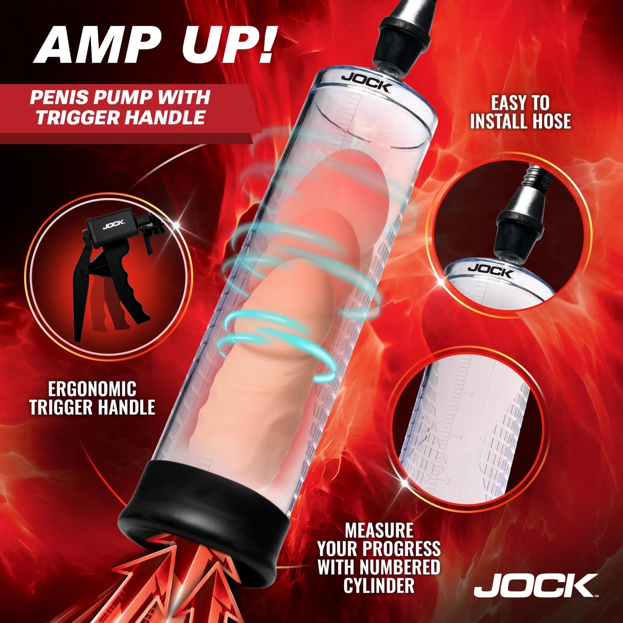 Jock Amp Up Penis Pump with clear, numbered cylinder, black base, hose, and ergonomic black trigger handle on red background.