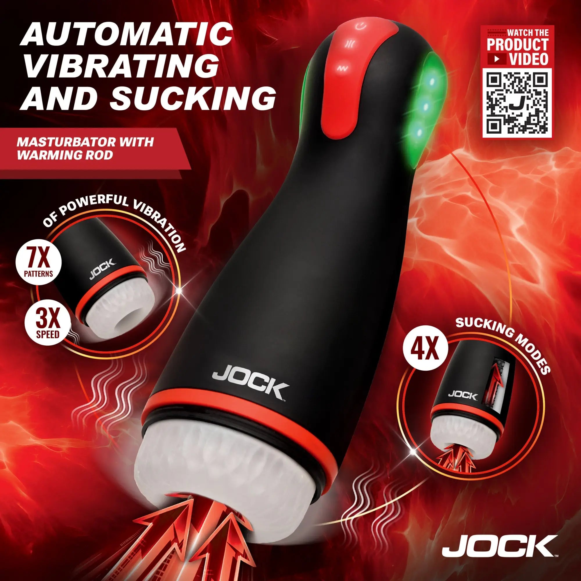 Jock Blaze masturbator in black and red, featuring vibrating, sucking, and warming functions with a textured sleeve.