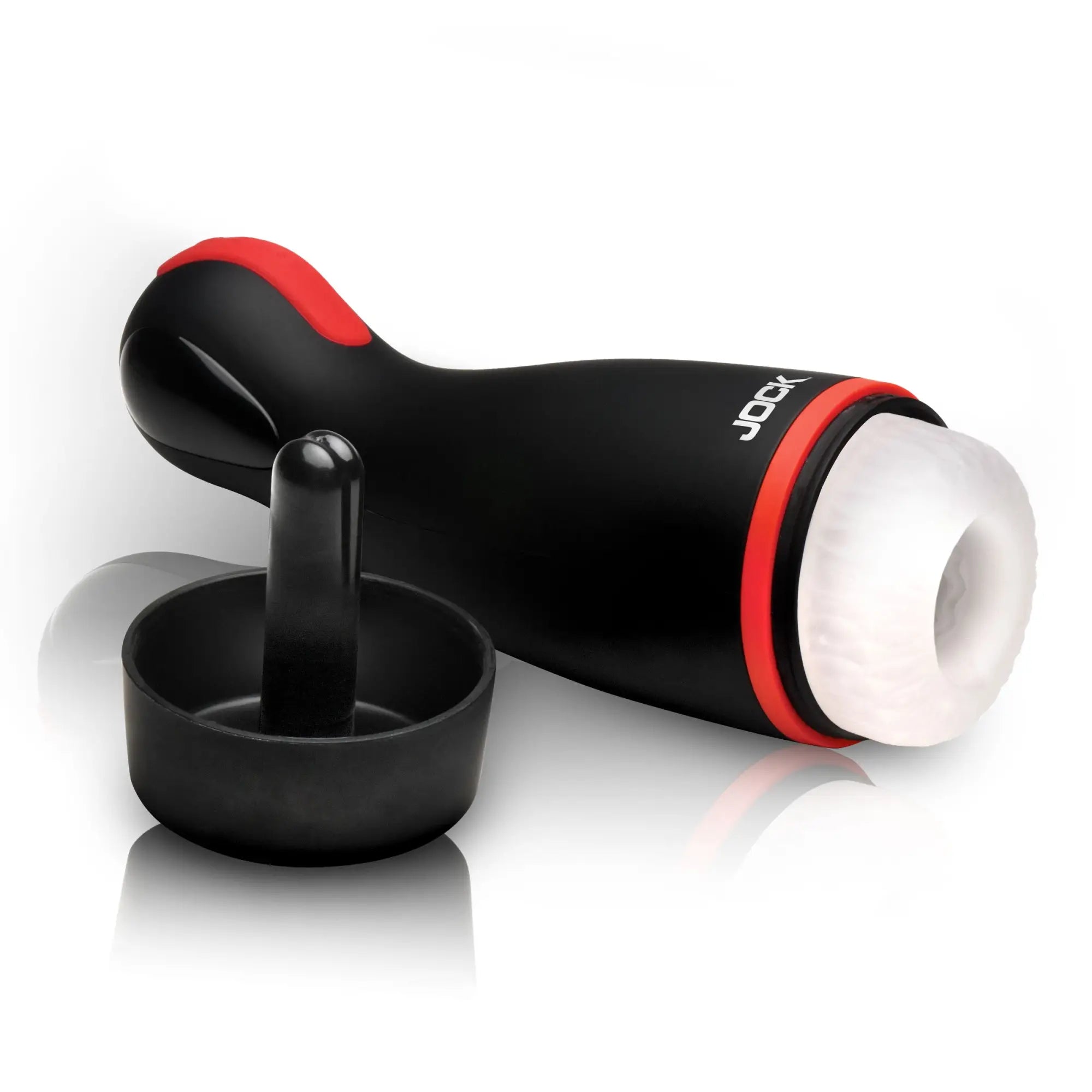 Jock Blaze masturbator in black and red with a white textured sleeve and detachable cap, shown against a white background.