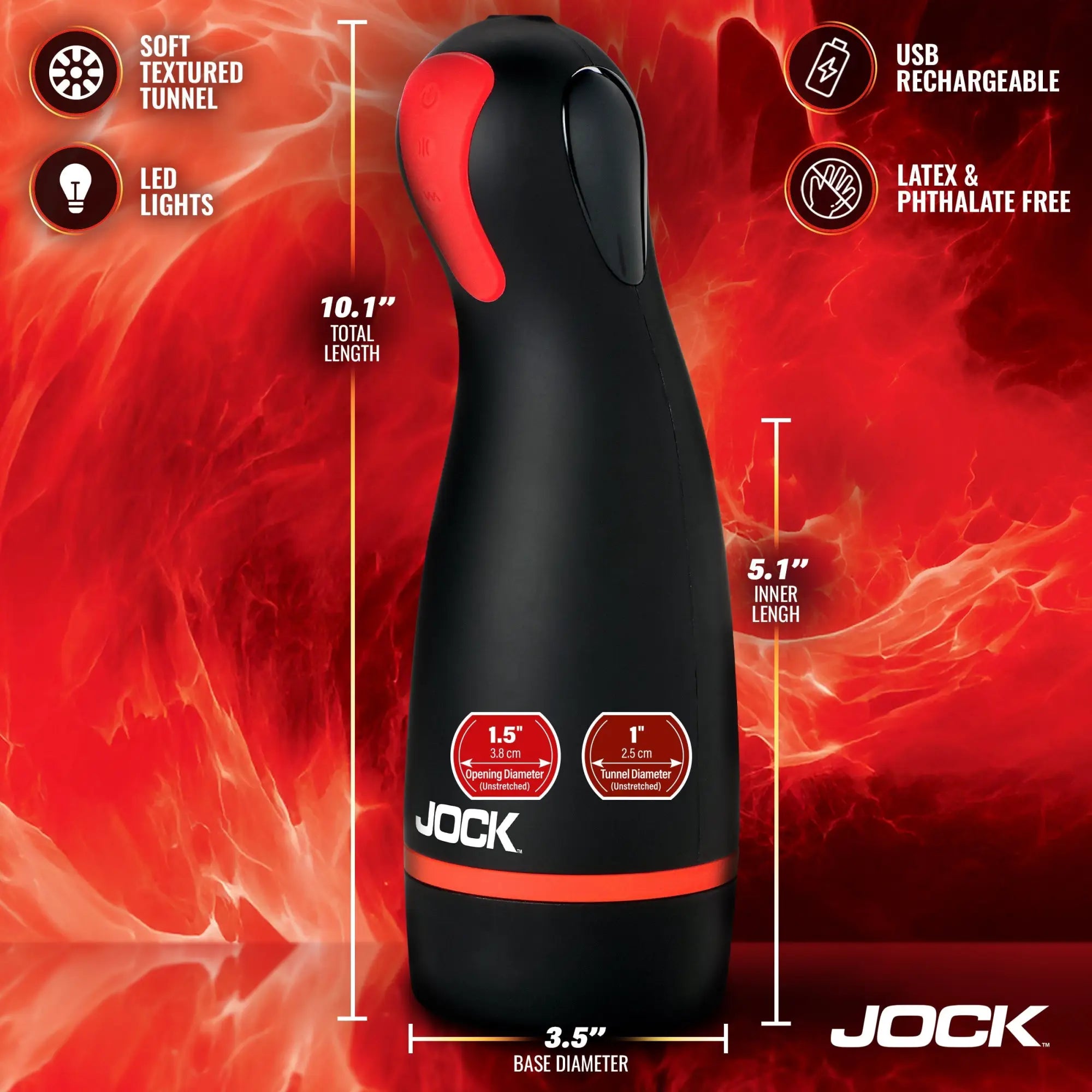 Jock Blaze black masturbator with red accents, showing dimensions and features against a fiery red background.