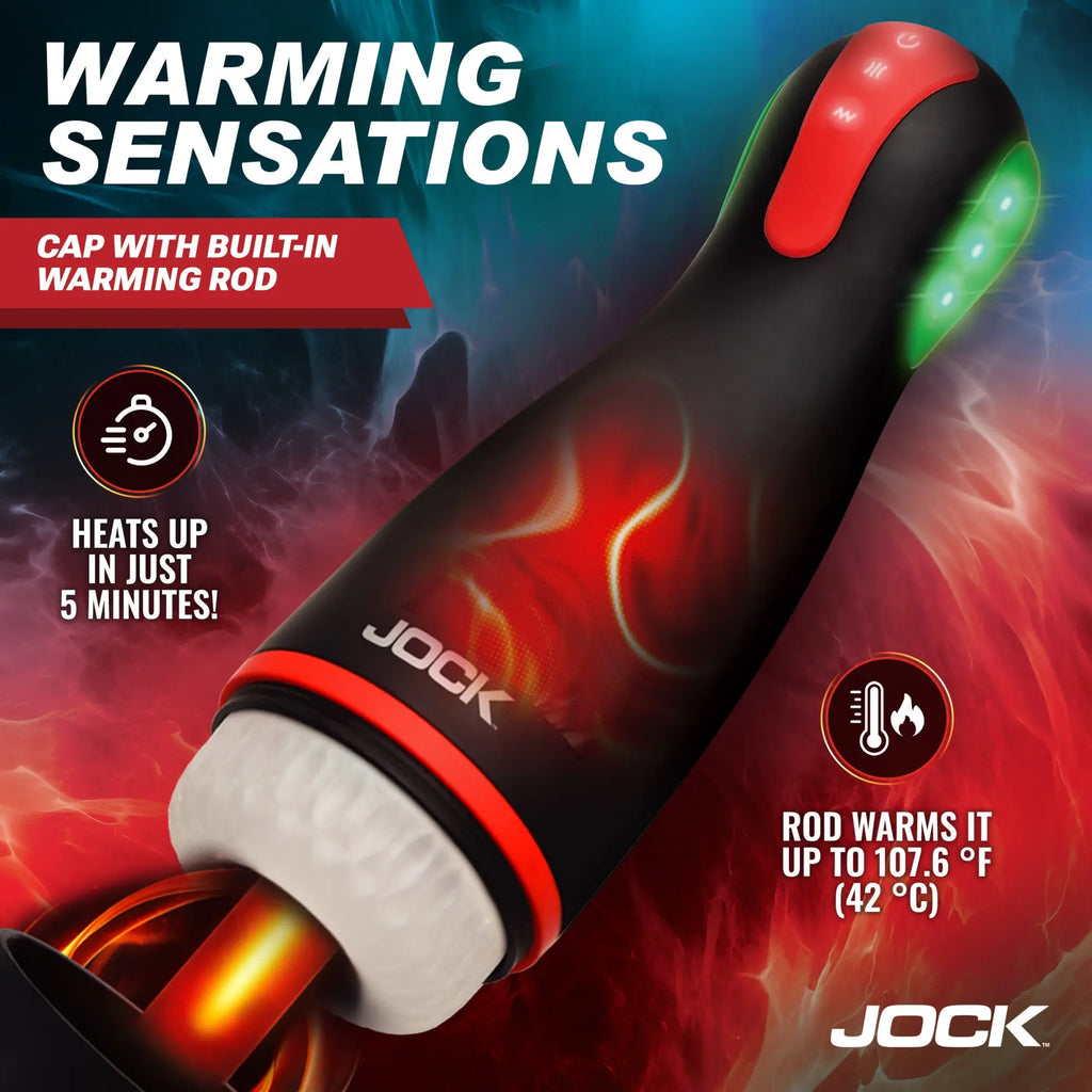 Jock Blaze masturbator: a black, ergonomic device with red accents, glowing green lights, and a warming heating rod.
