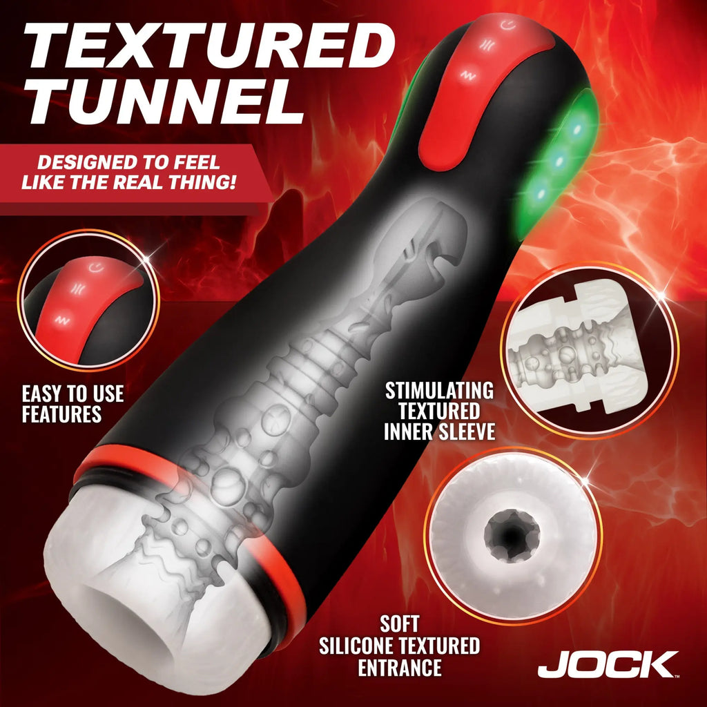 Jock Blaze black and red masturbator featuring a soft silicone textured tunnel and glowing control buttons.