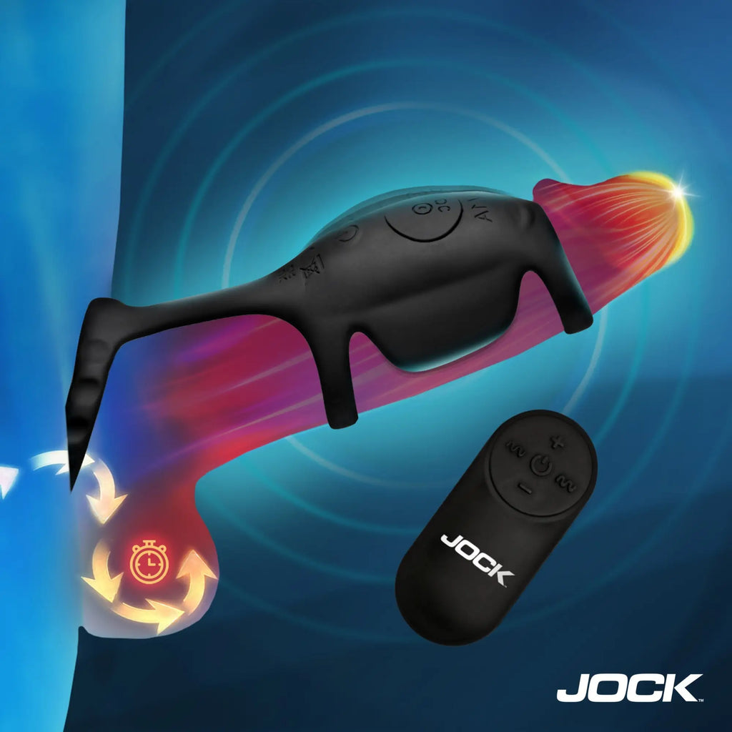 Jock Blitz black vibrating penis sleeve and c-ring with a matching wireless remote control on a blue background.