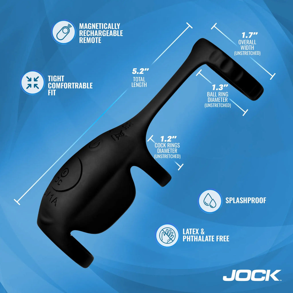 Jock Blitz vibrating black silicone penis sleeve and C-ring with measurement callouts on a blue background.