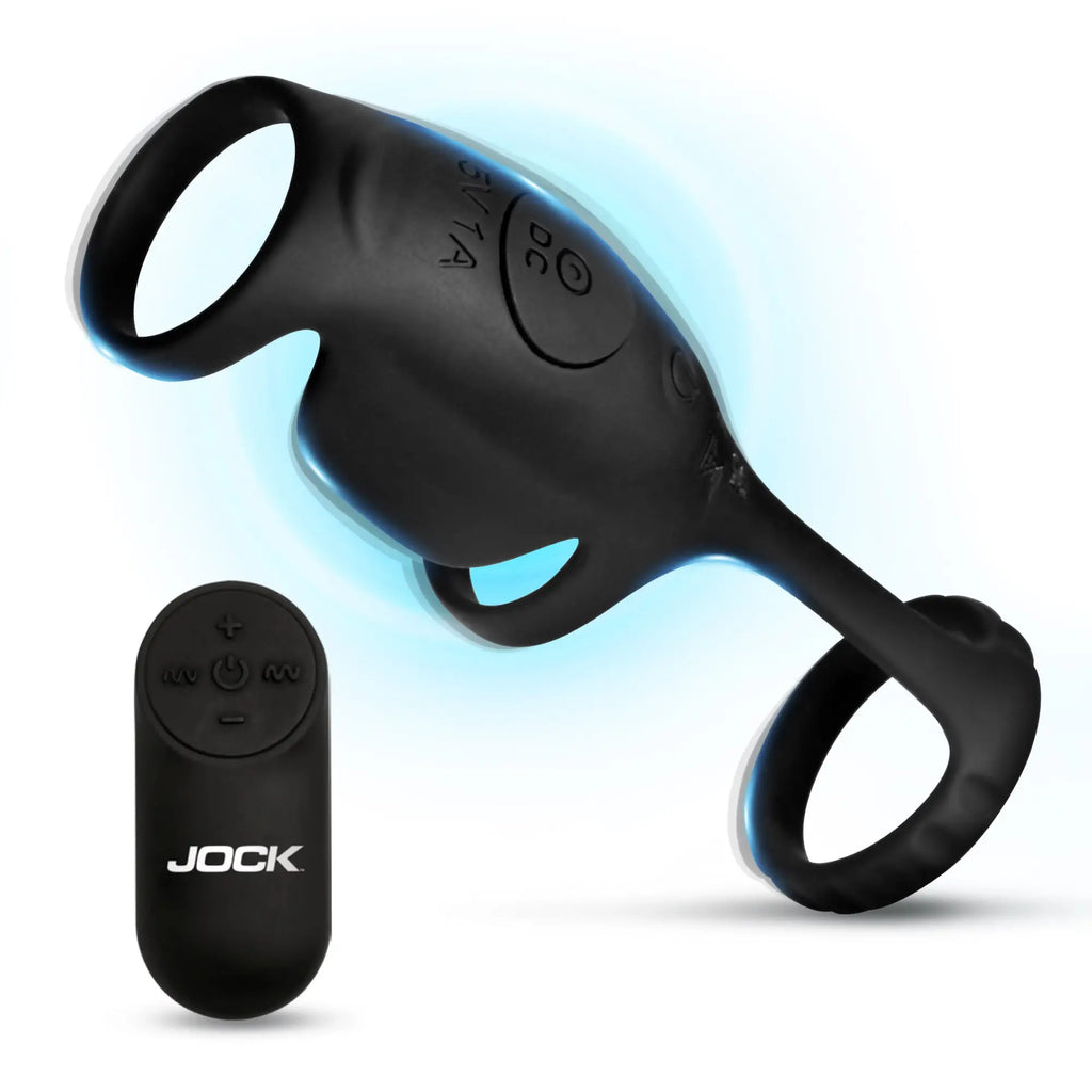 Jock Blitz black vibrating silicone penis sleeve and C-ring set with a matching remote control on a white background.