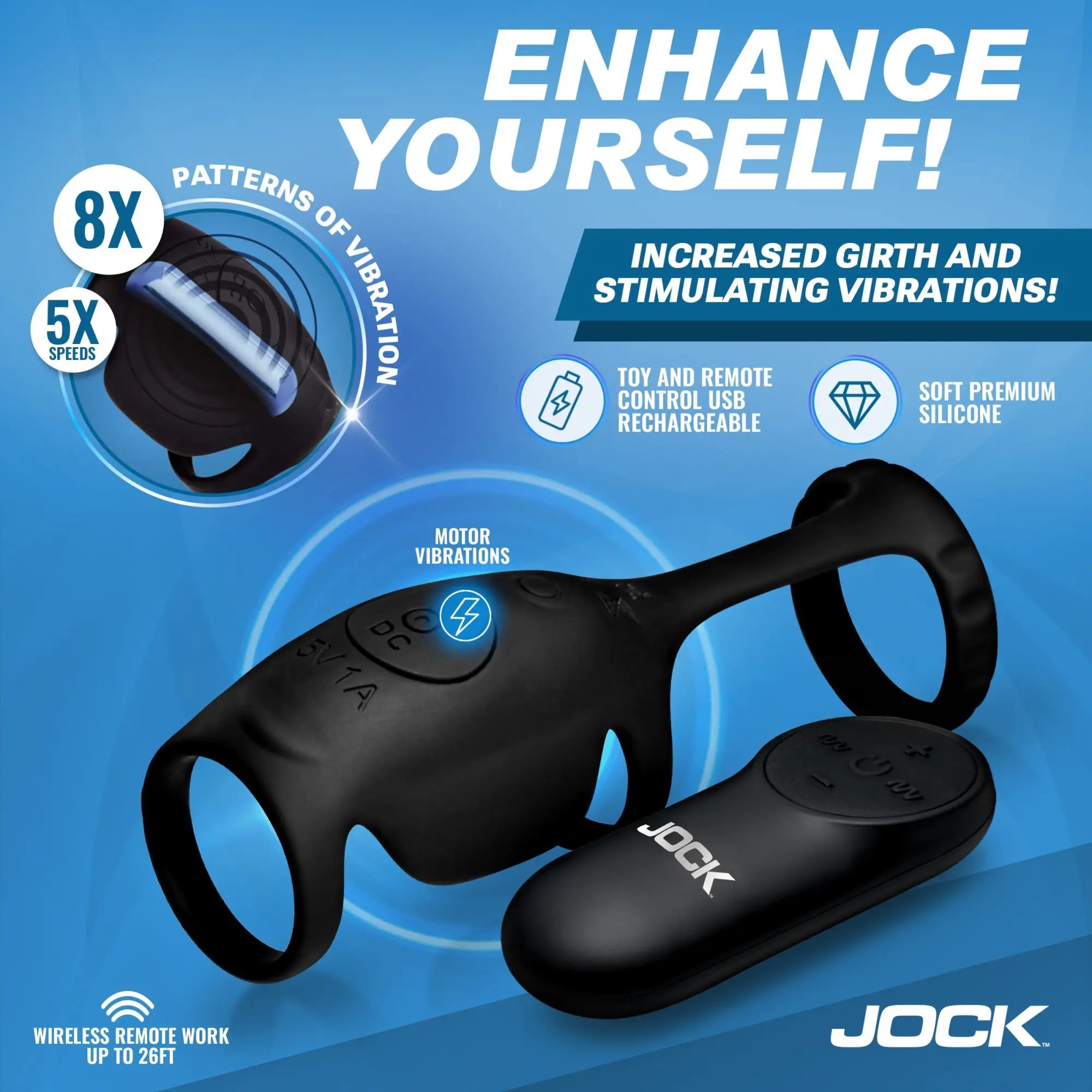 Jock Blitz black silicone vibrating penis sleeve and c-ring with matching wireless remote on a blue background.