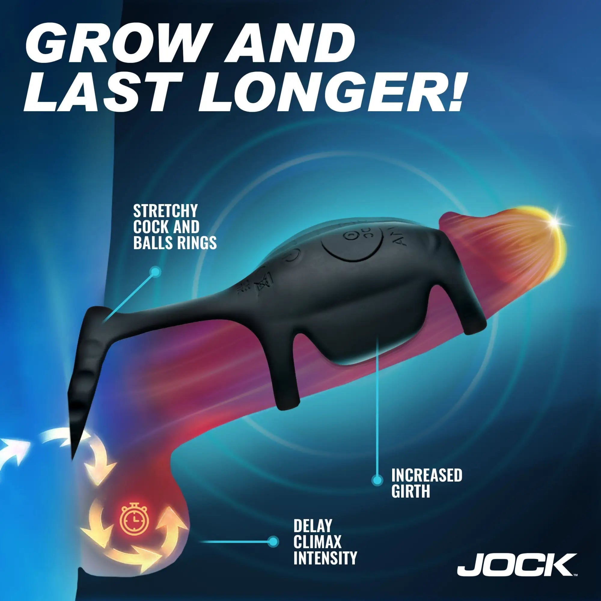 Jock Blitz black vibrating penis sleeve and C-ring with remote, shown on a model illustration with feature callouts.