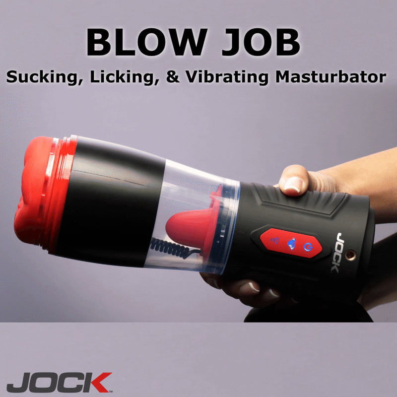 Jock Blow Job masturbator: a handheld, black and red electronic device with a clear center and internal red texture.